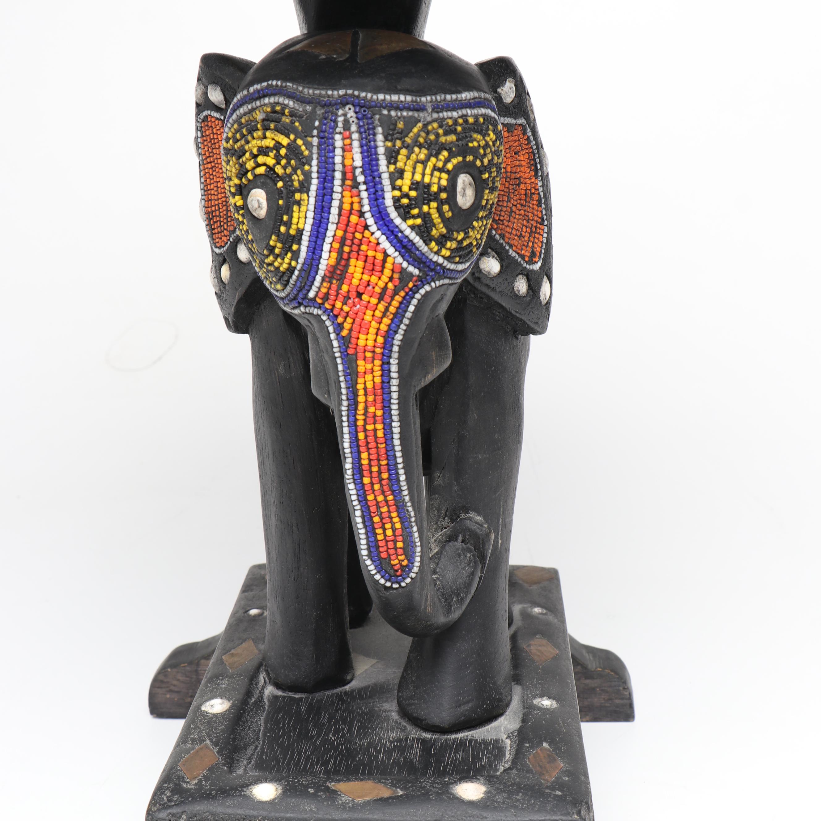 Handcrafted Wooden Elephant Accent Table with Beaded Embellishments