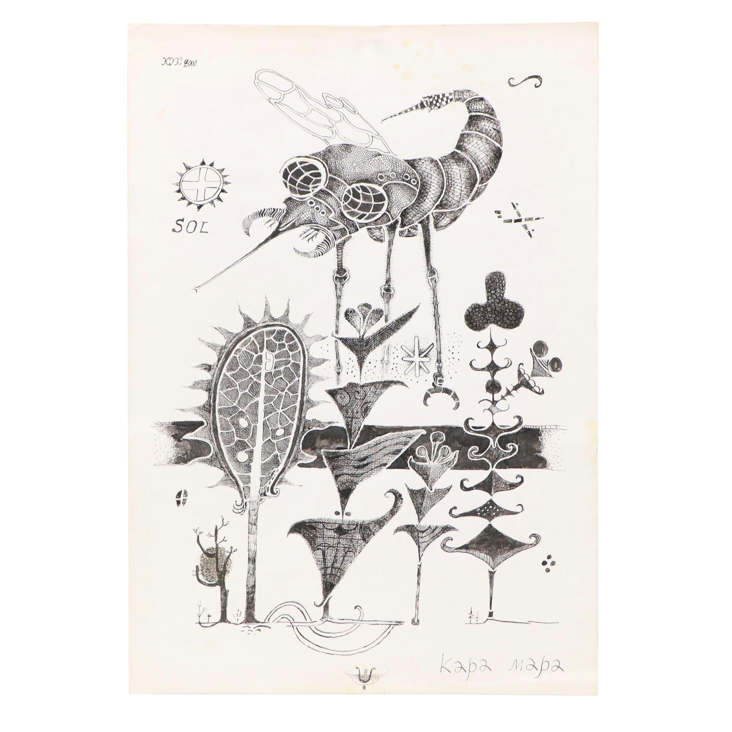 Nikolay "Kuk" Manuylov Surrealist Pen and Ink Drawing "Kapa Mapa," 2000