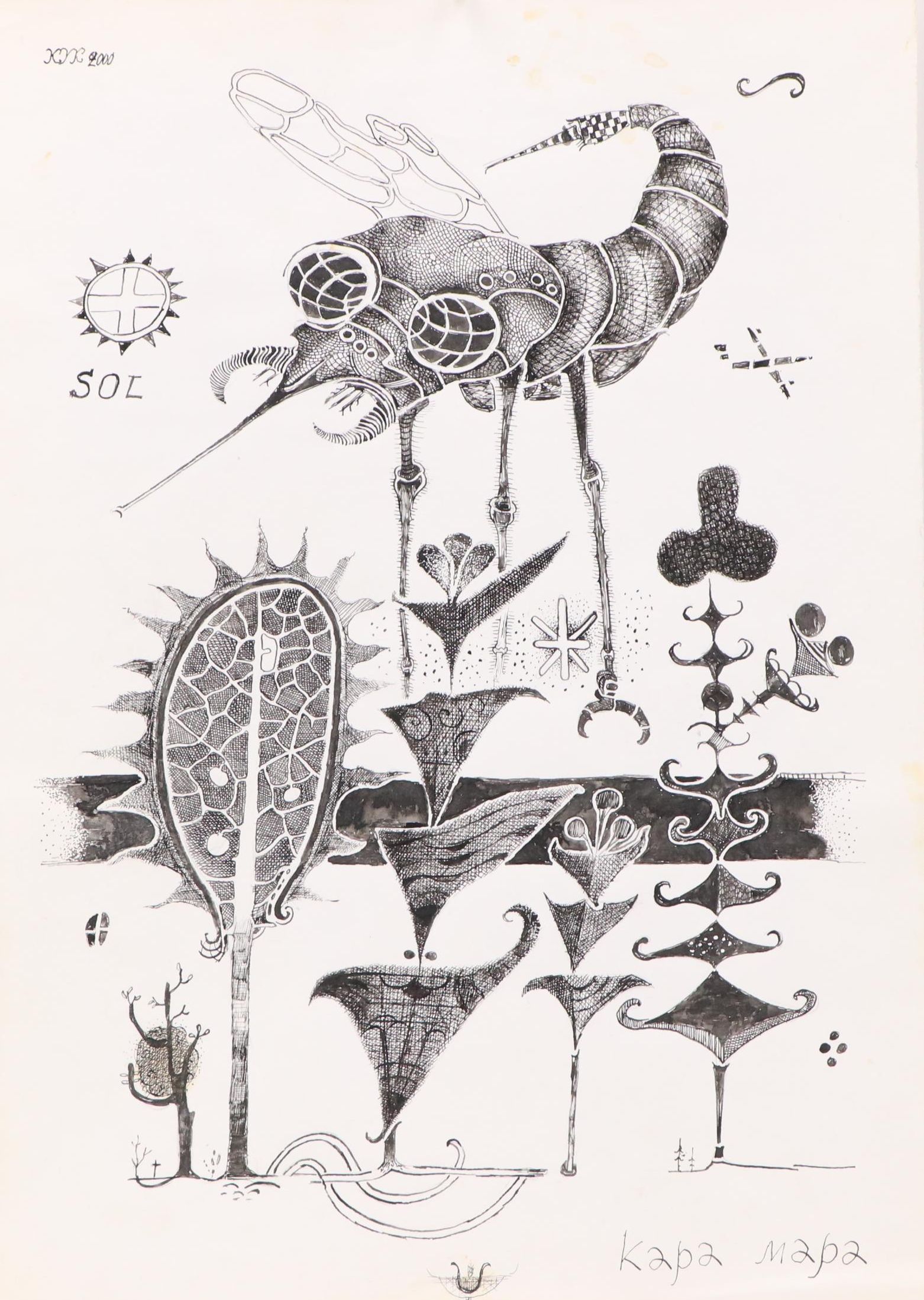 Nikolay "Kuk" Manuylov Surrealist Pen and Ink Drawing "Kapa Mapa," 2000