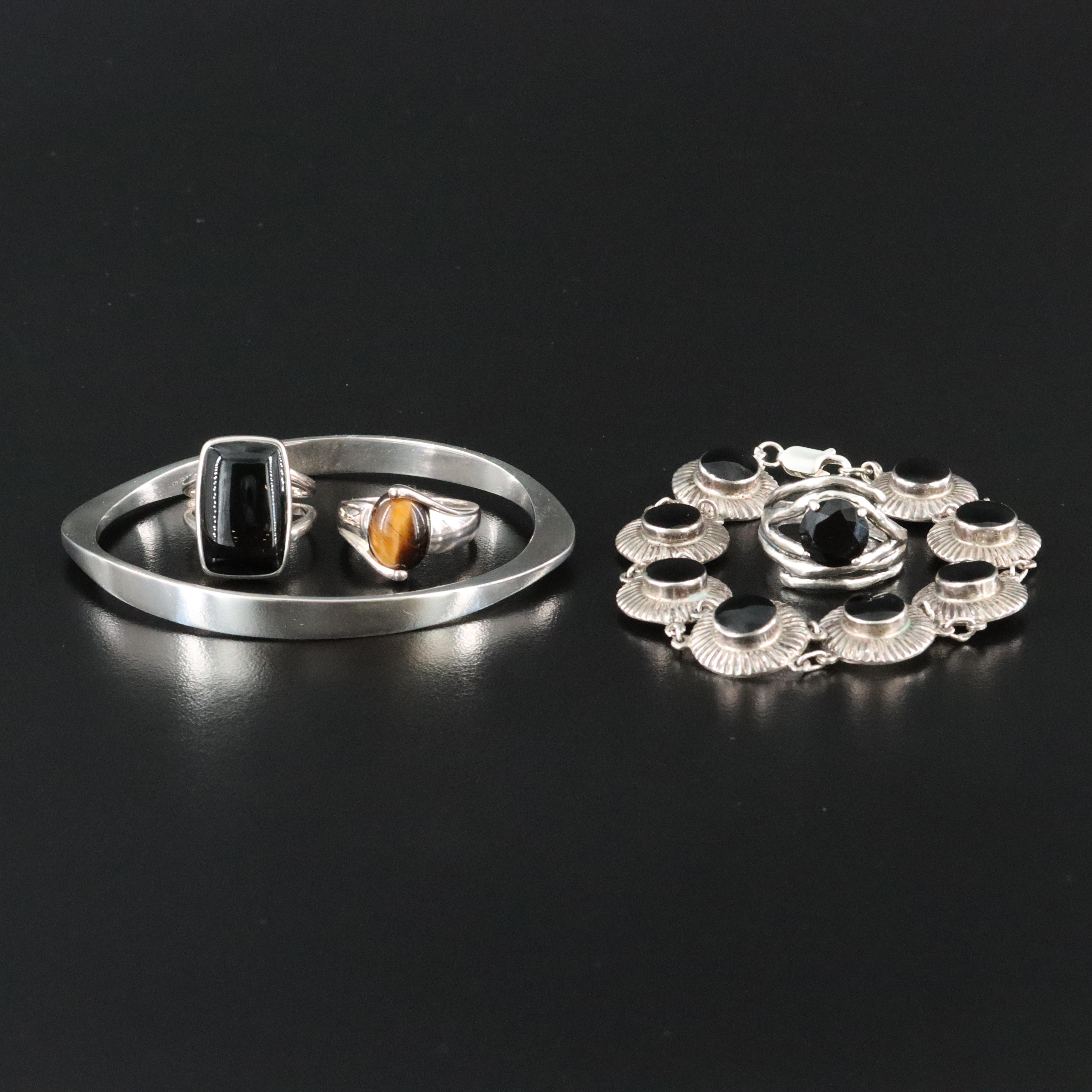 Sterling Bracelet & Ring Collection Including Barse, Tiger's Eye & Black Onyx