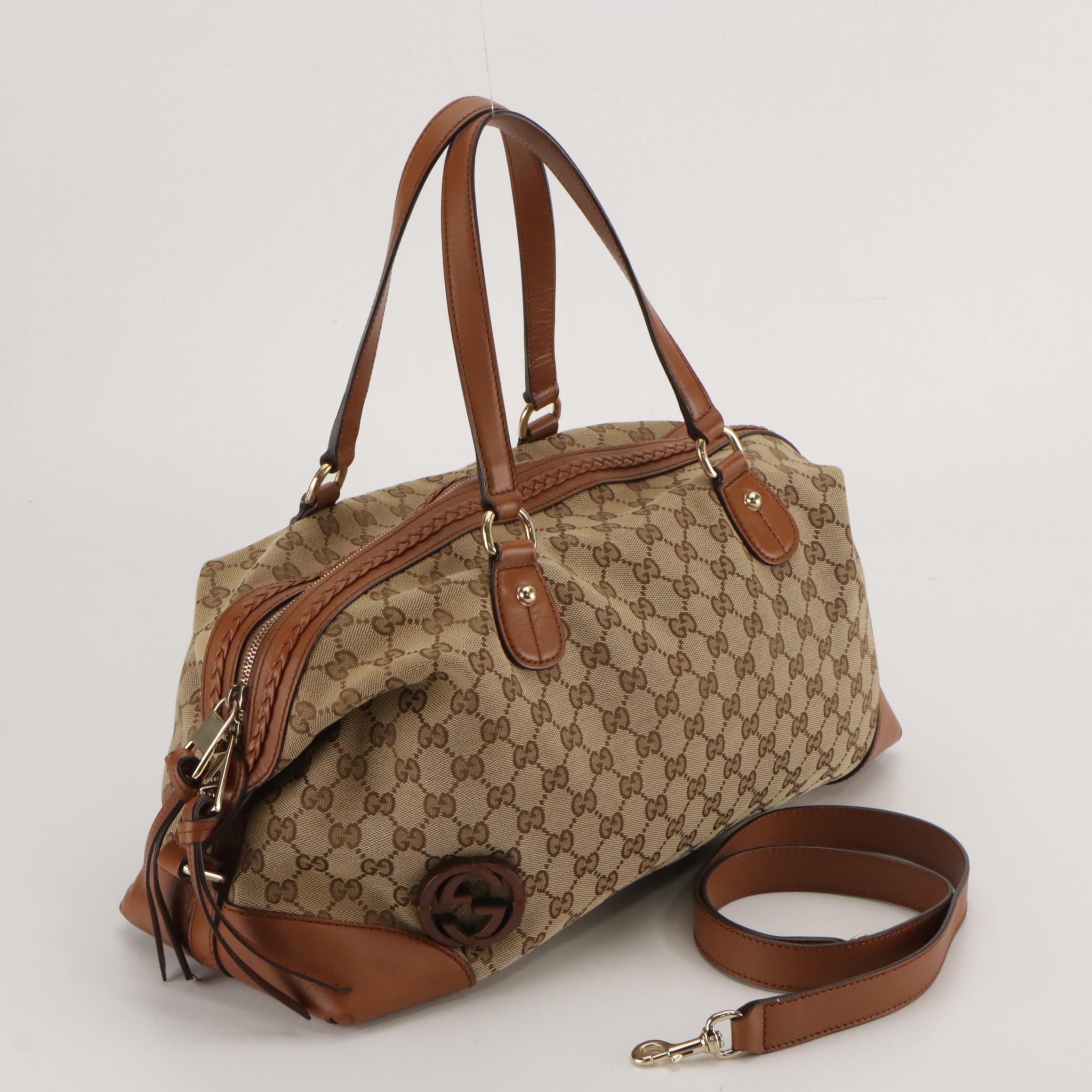 Gucci Brick Lane Two-Way Satchel in GG Canvas & Brown Leather with Braided Trim