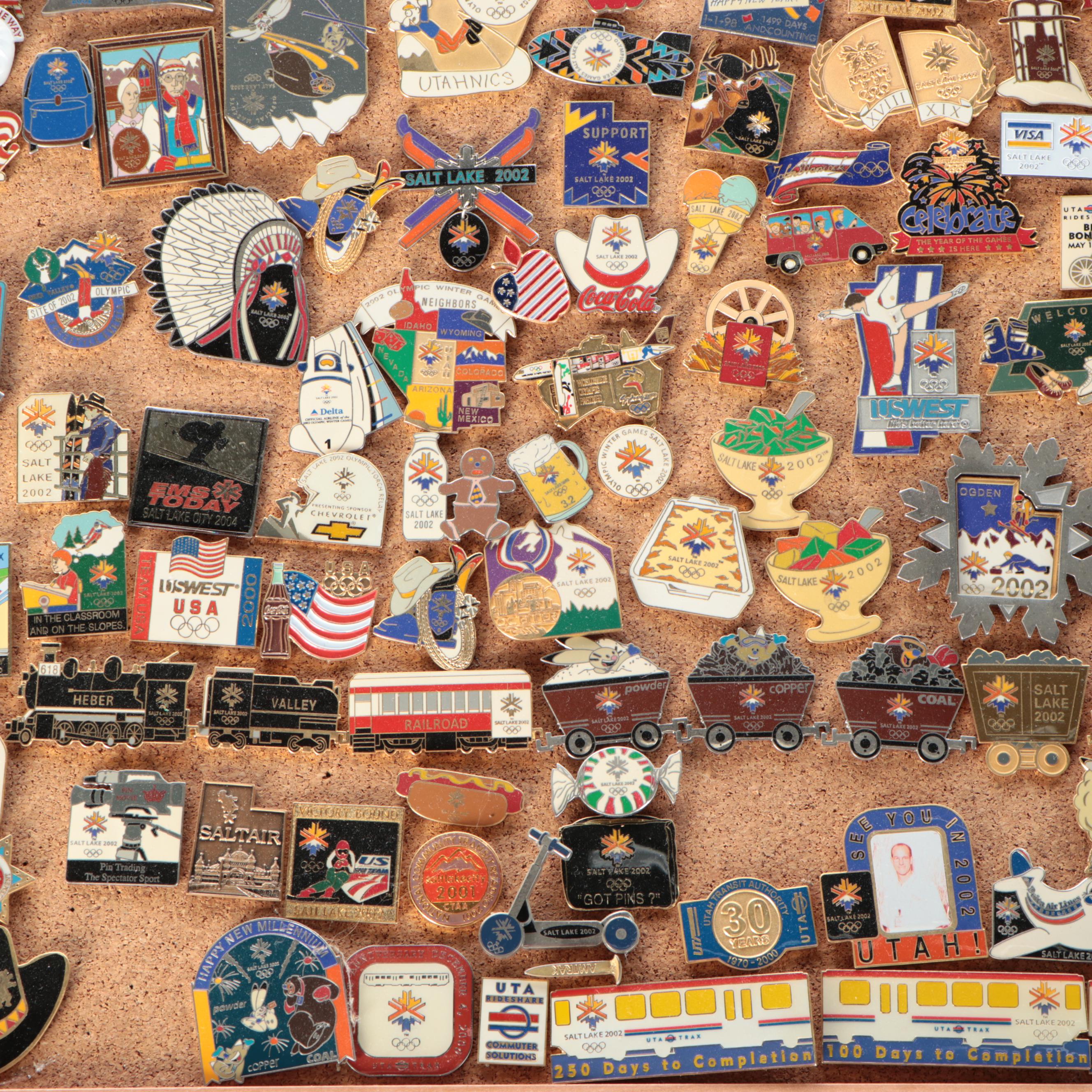 Vintage Olympic and Other Themed Enamel Pinback Collection on Cork Board