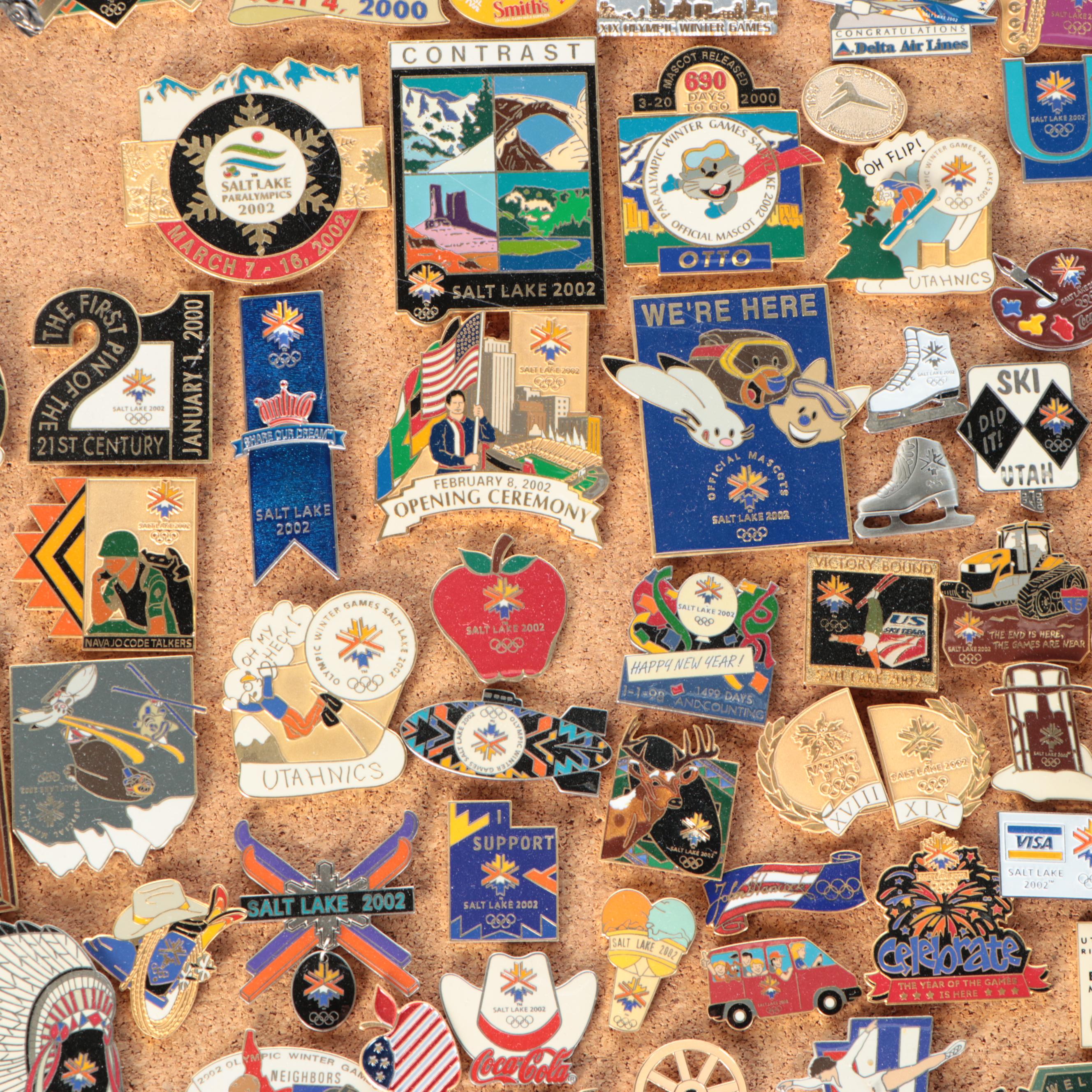 Vintage Olympic and Other Themed Enamel Pinback Collection on Cork Board
