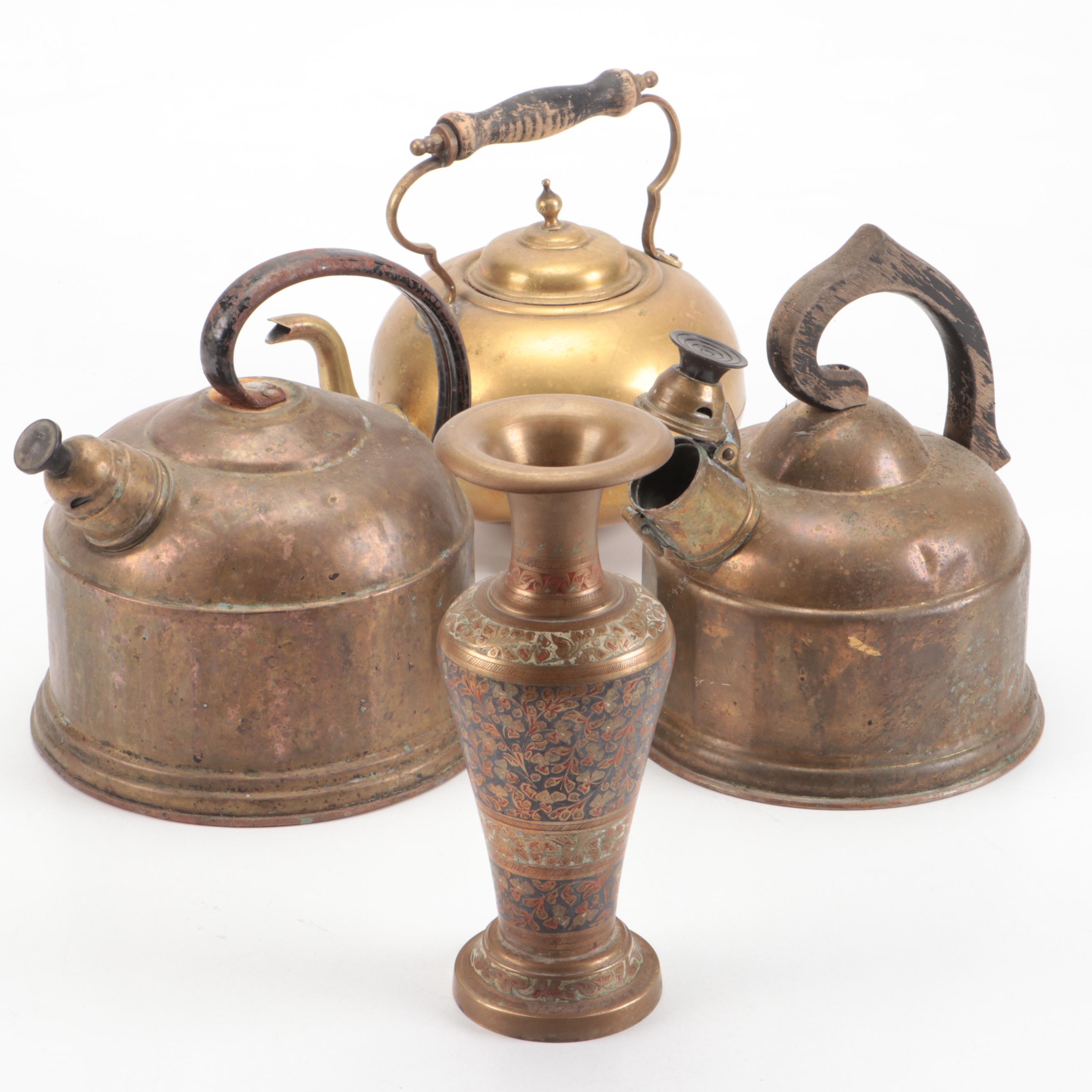 Brass Finish Tea Kettles with Brass and Enamel Vase