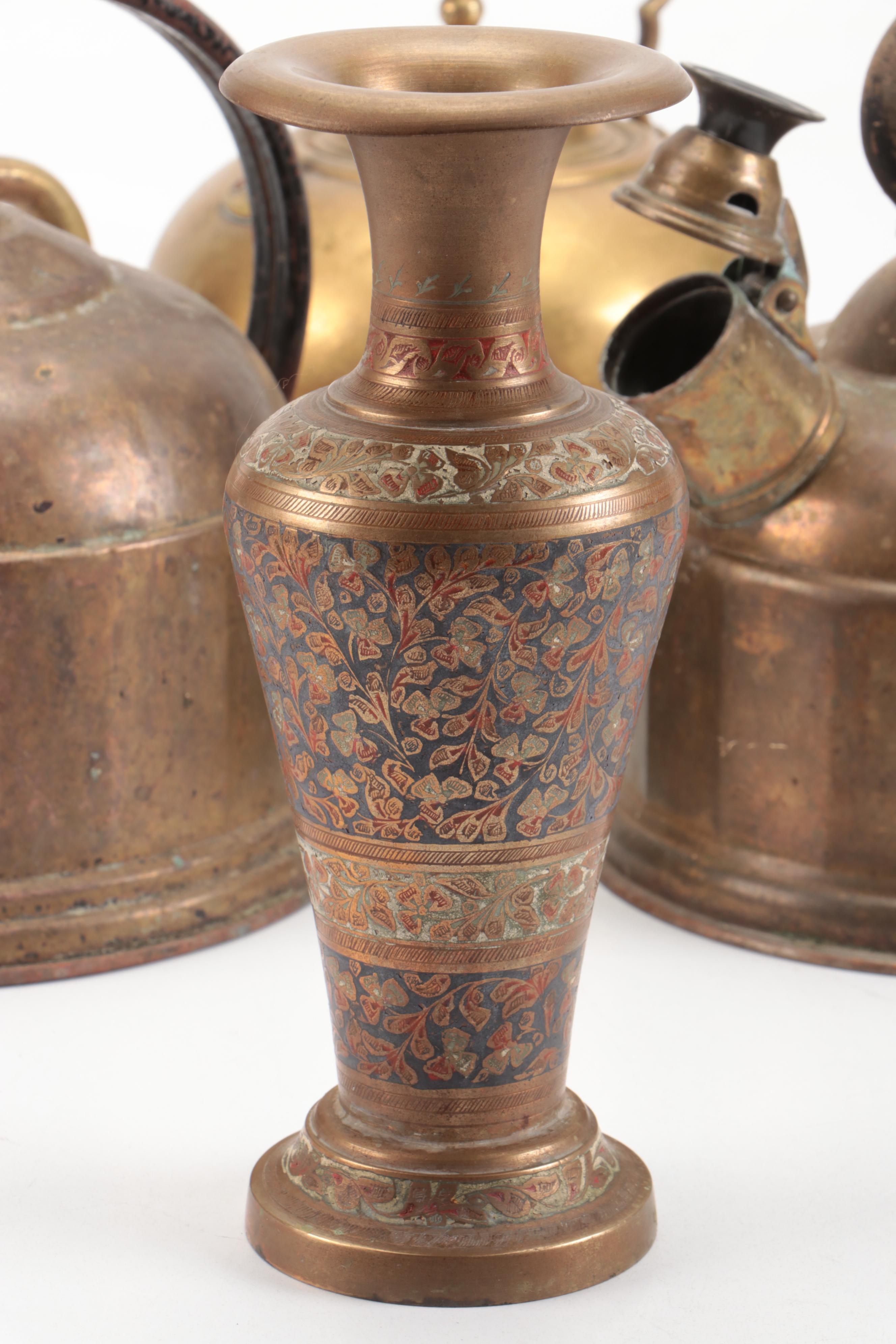 Brass Finish Tea Kettles with Brass and Enamel Vase