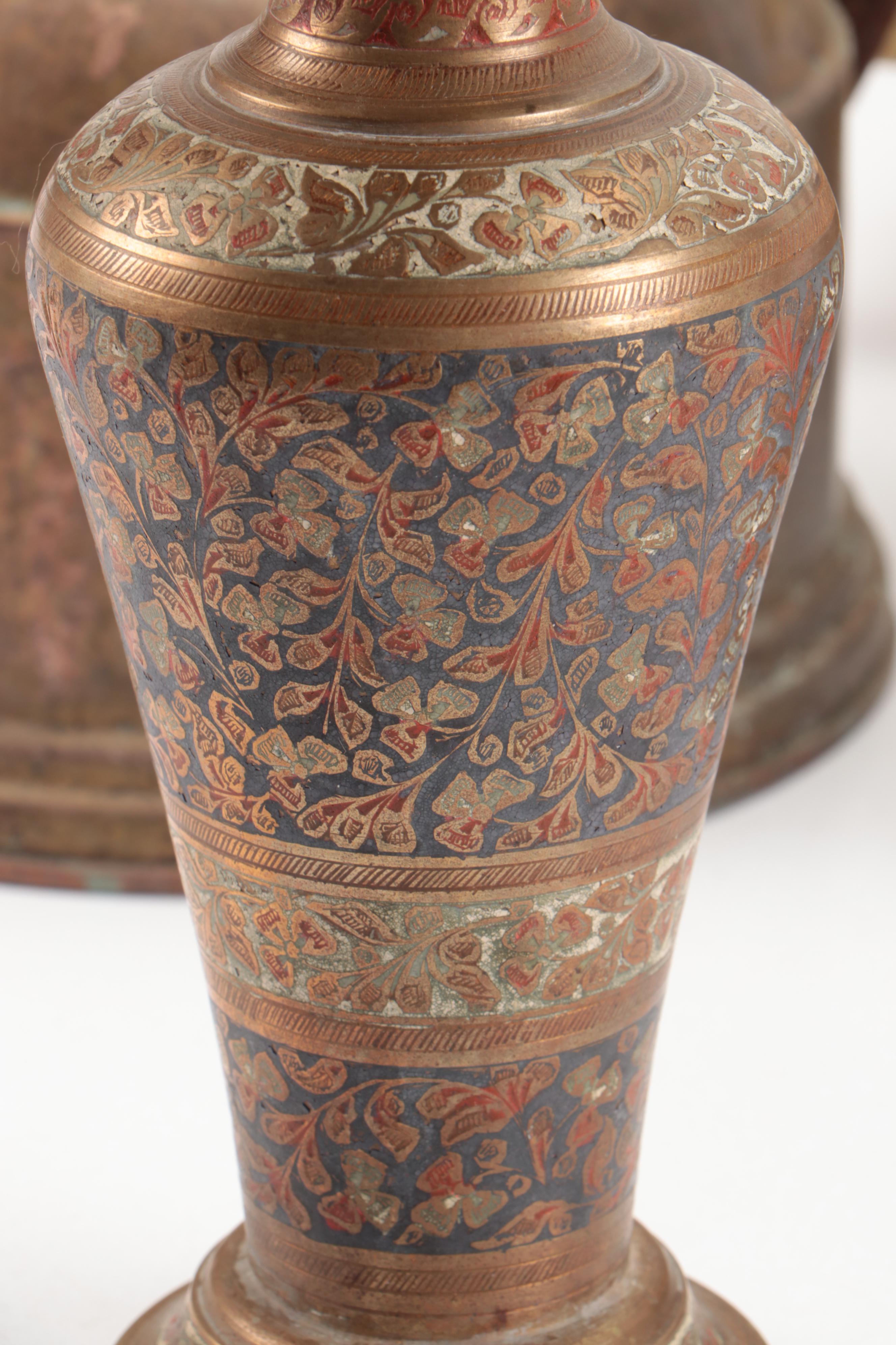 Brass Finish Tea Kettles with Brass and Enamel Vase