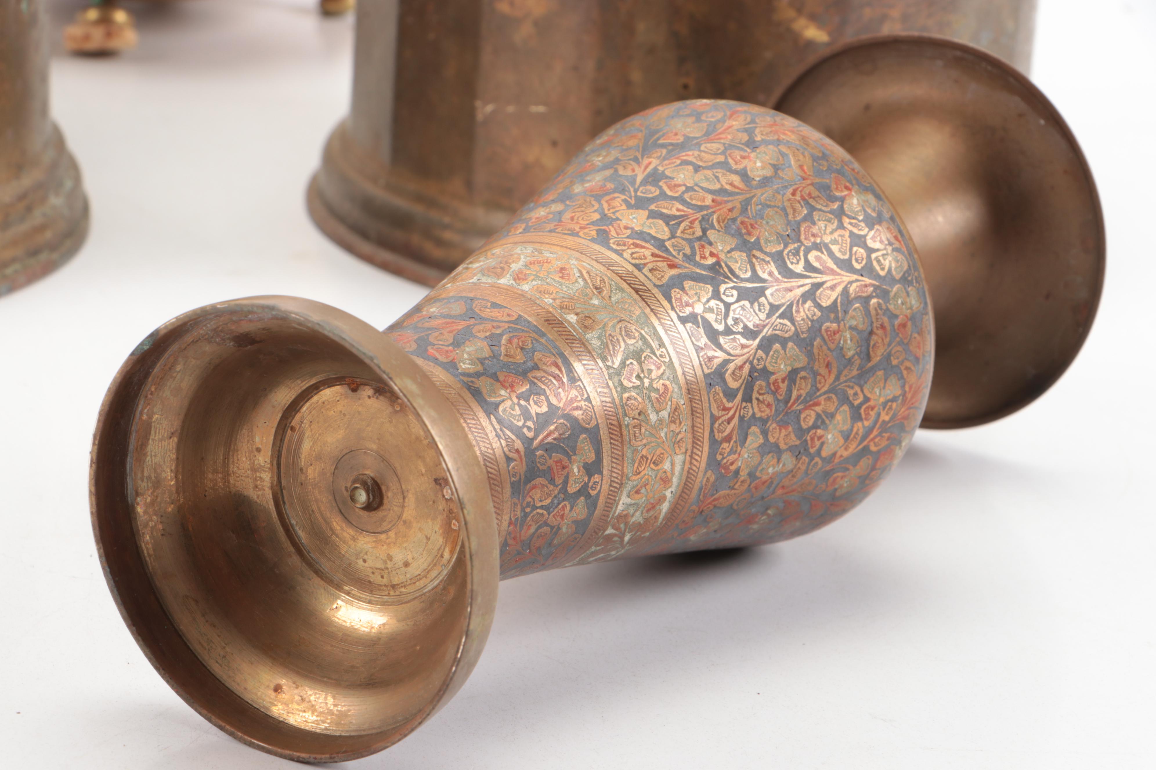 Brass Finish Tea Kettles with Brass and Enamel Vase