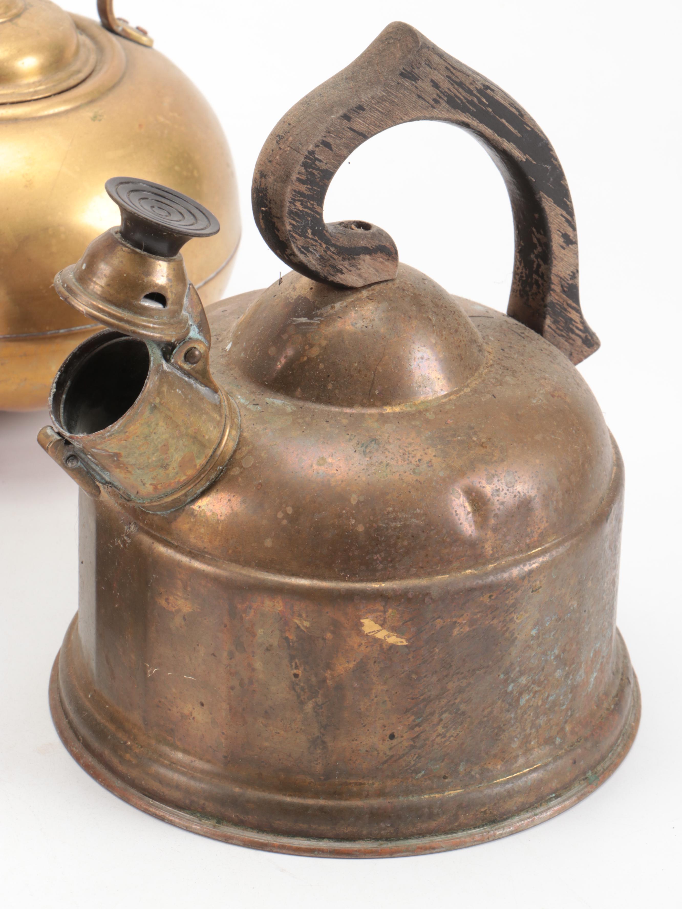 Brass Finish Tea Kettles with Brass and Enamel Vase