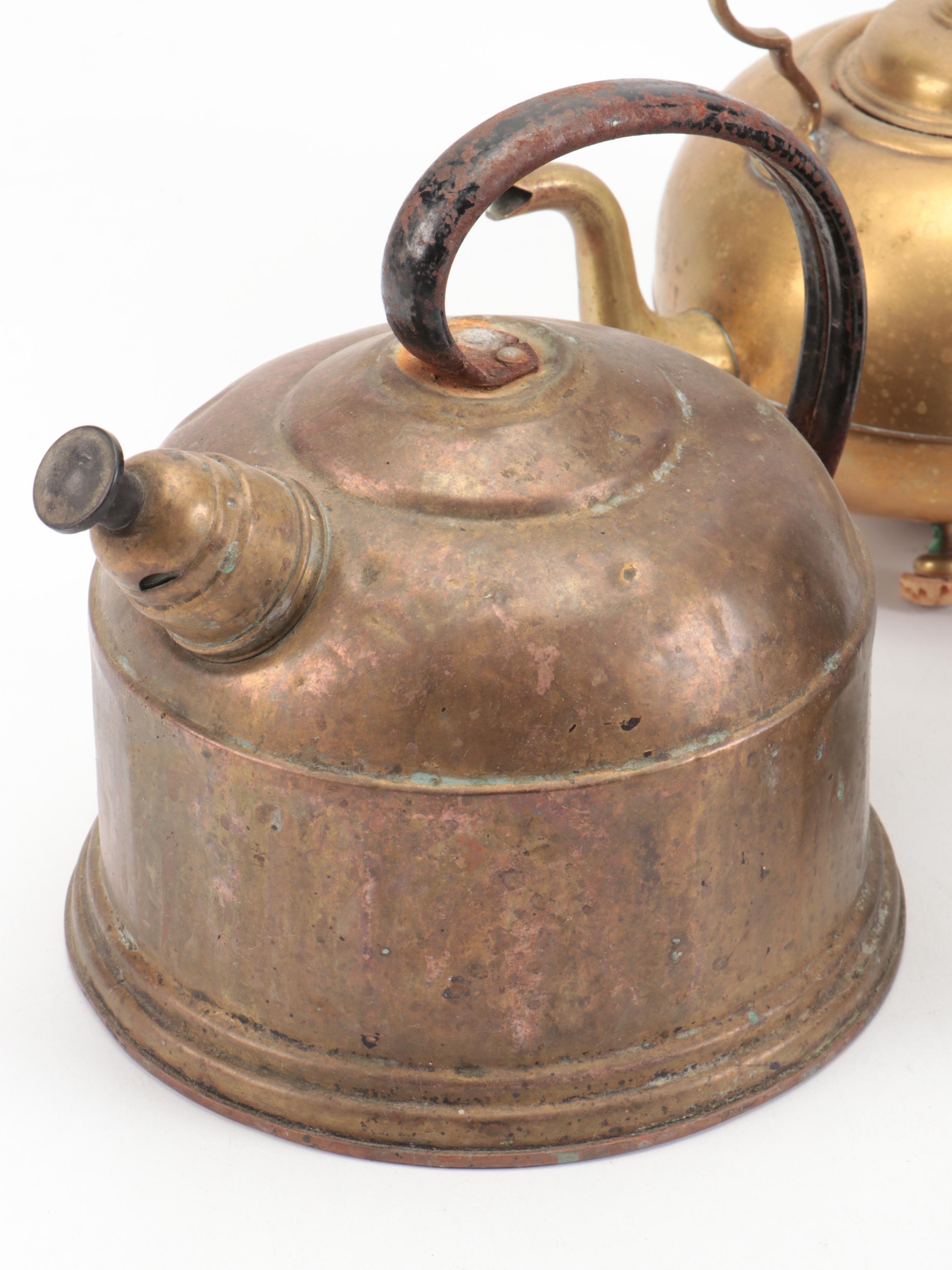 Brass Finish Tea Kettles with Brass and Enamel Vase