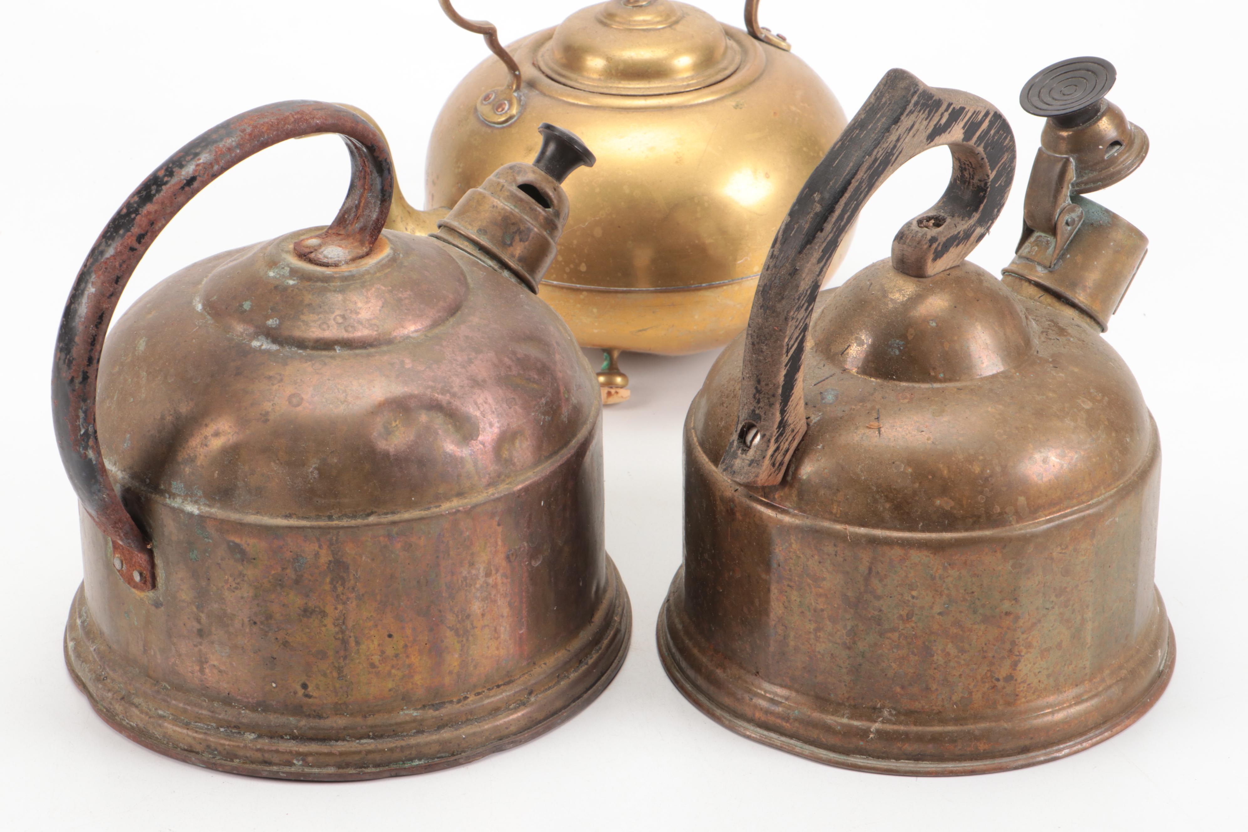 Brass Finish Tea Kettles with Brass and Enamel Vase