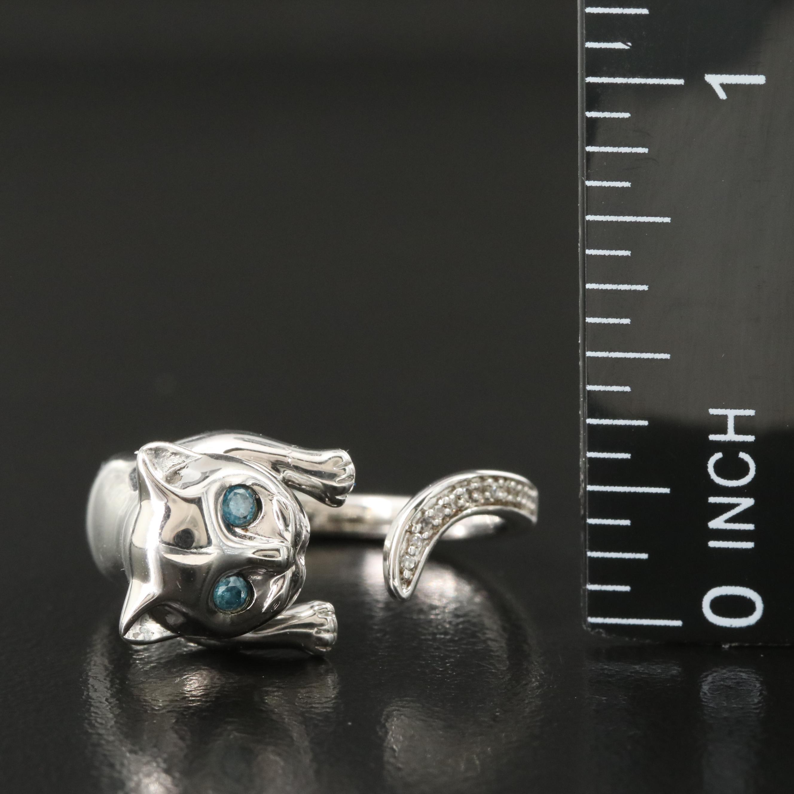Sterling Diamond Kitten Wrap Ring with Lab Grown Fancy Blue Diamonds