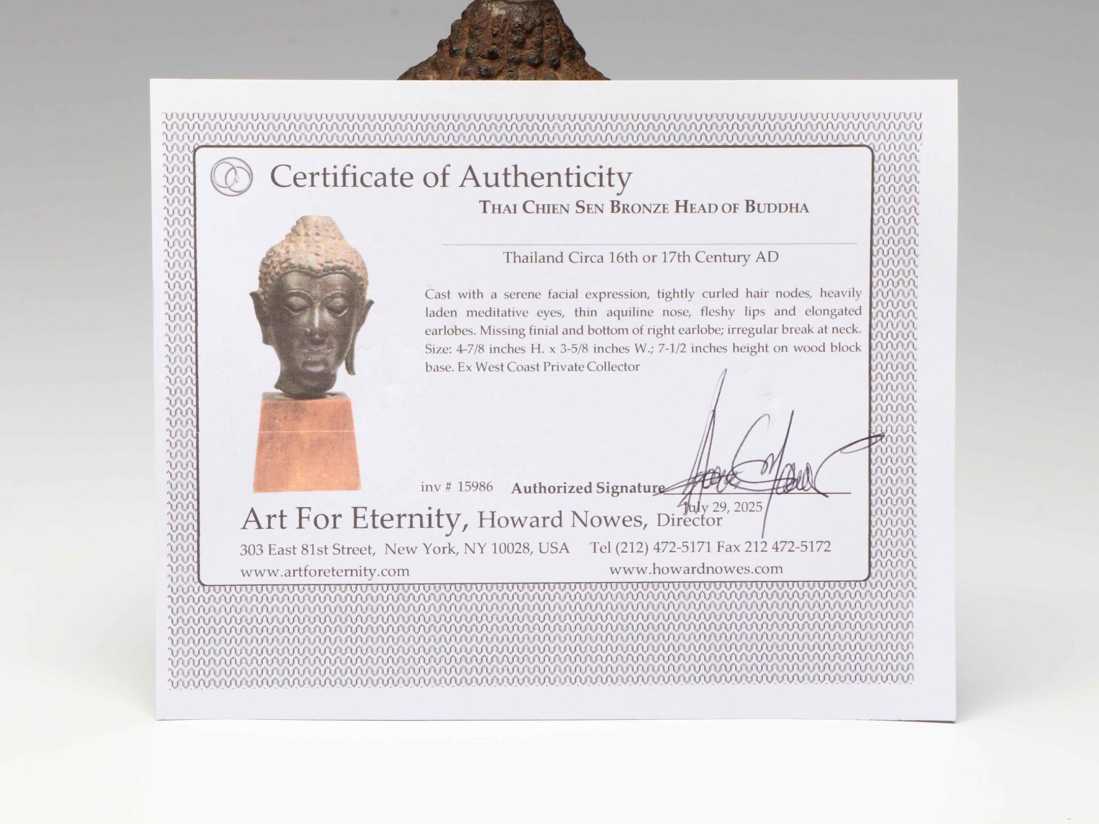 Thai Chien Sen Bronze Head of Buddha, Circa 16th or 17th Century