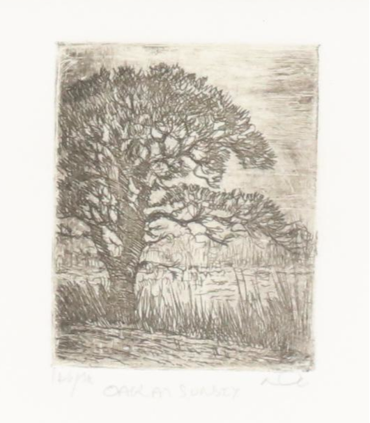 Landscape Etching "Oak at Sunset"