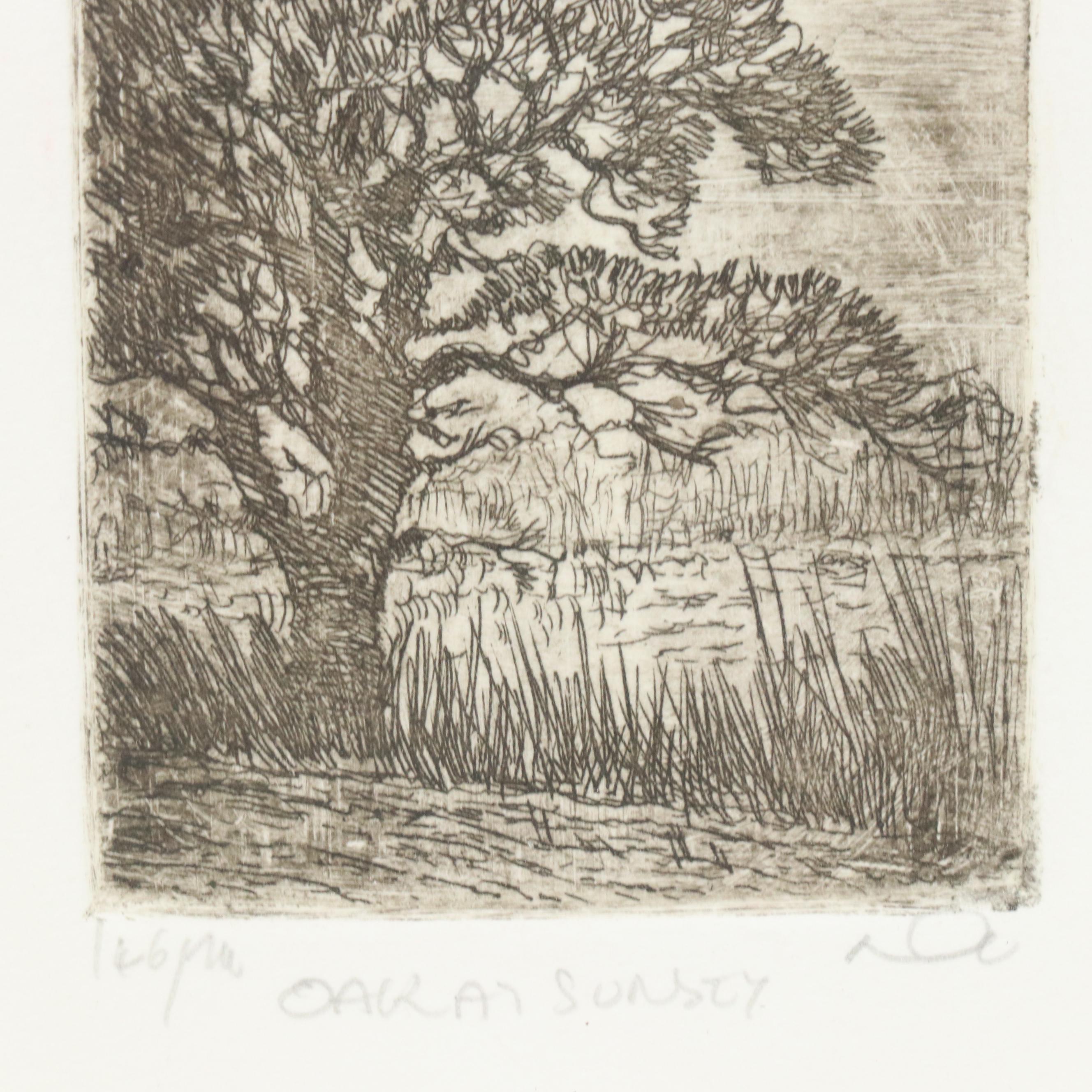 Landscape Etching "Oak at Sunset"