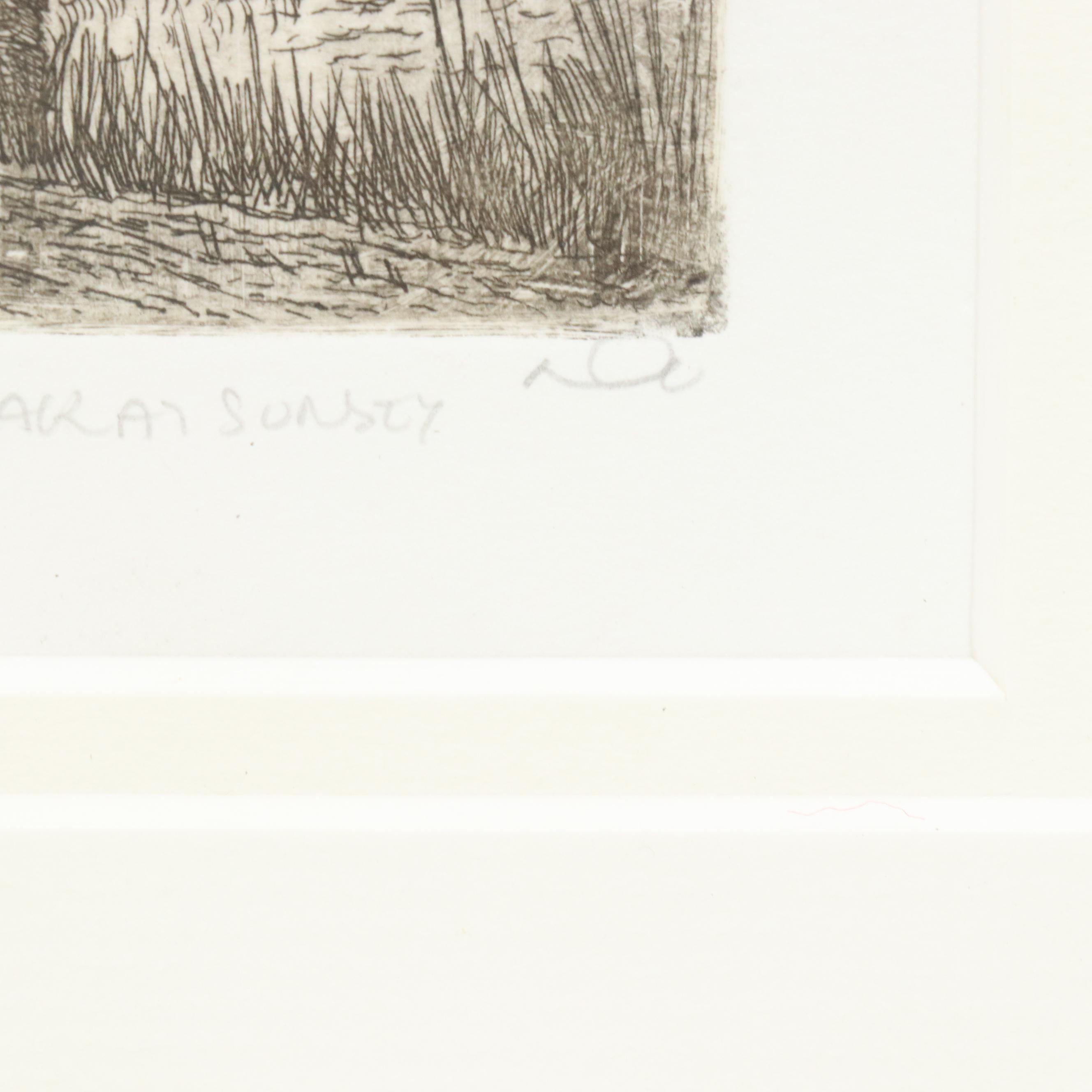 Landscape Etching "Oak at Sunset"