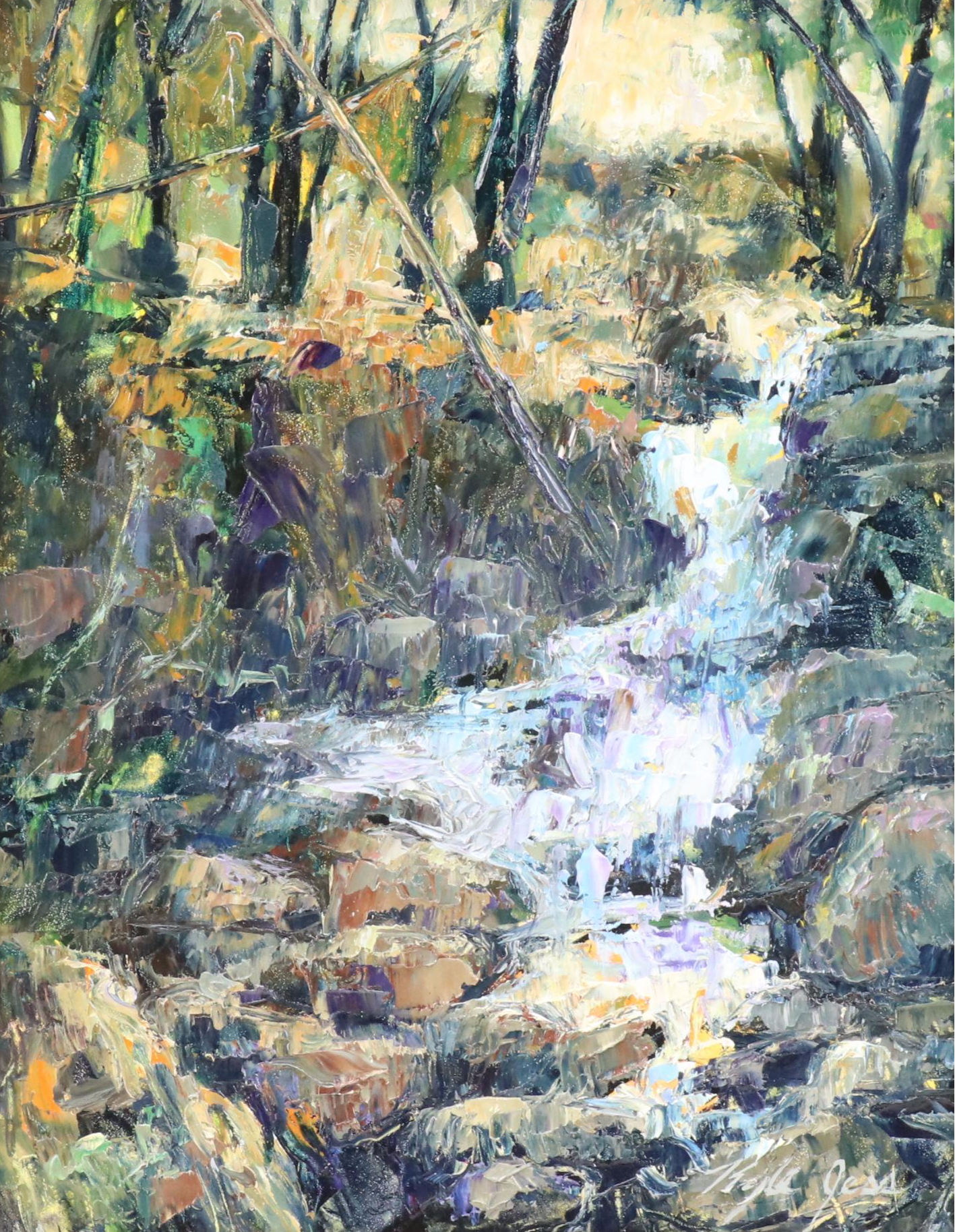 Kyle Jess Impasto Oil Painting "Woodland Waterfall," 2020
