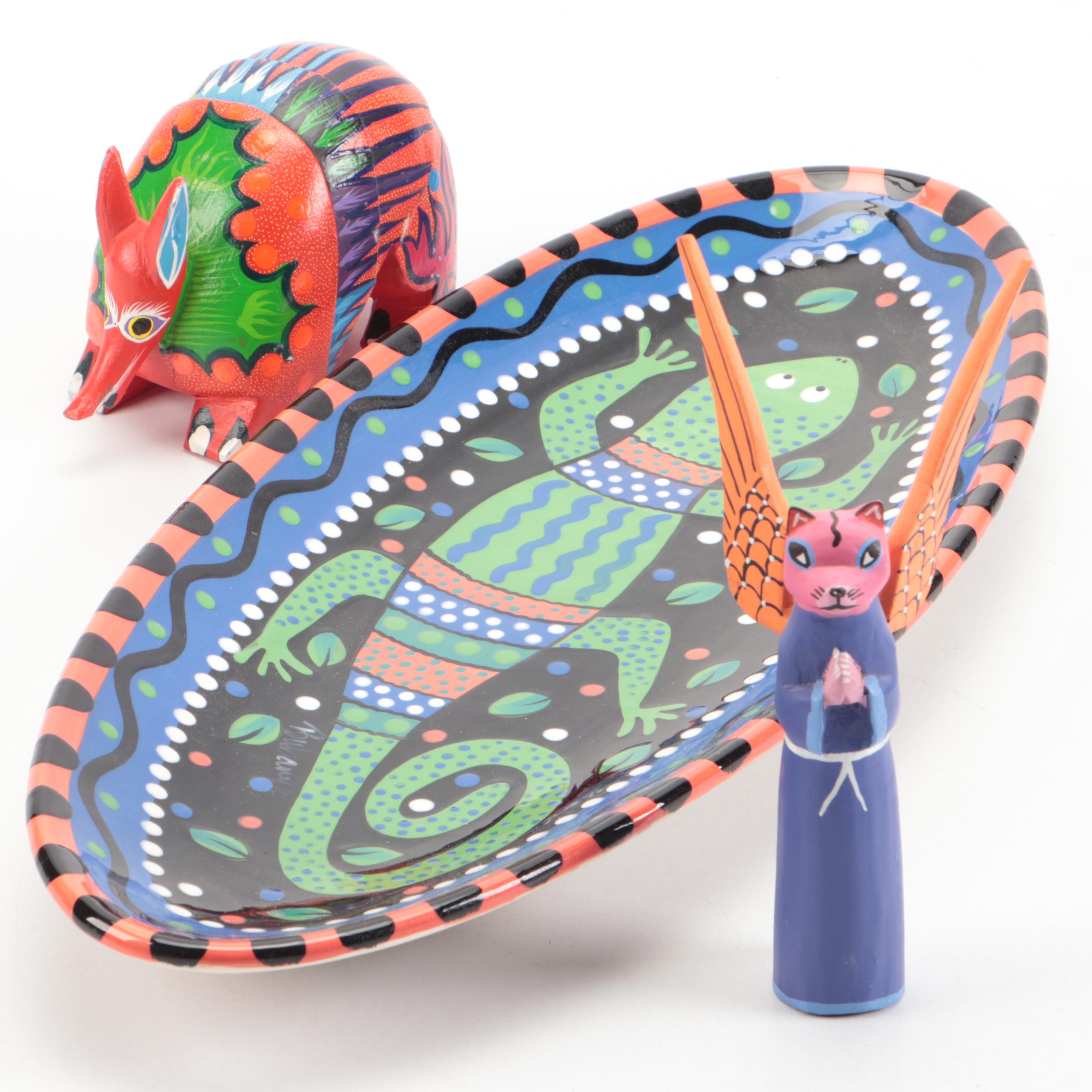 Chris Kennedy-Bubany Hand-Painted Ceramic Dish with Carved Wood Animals