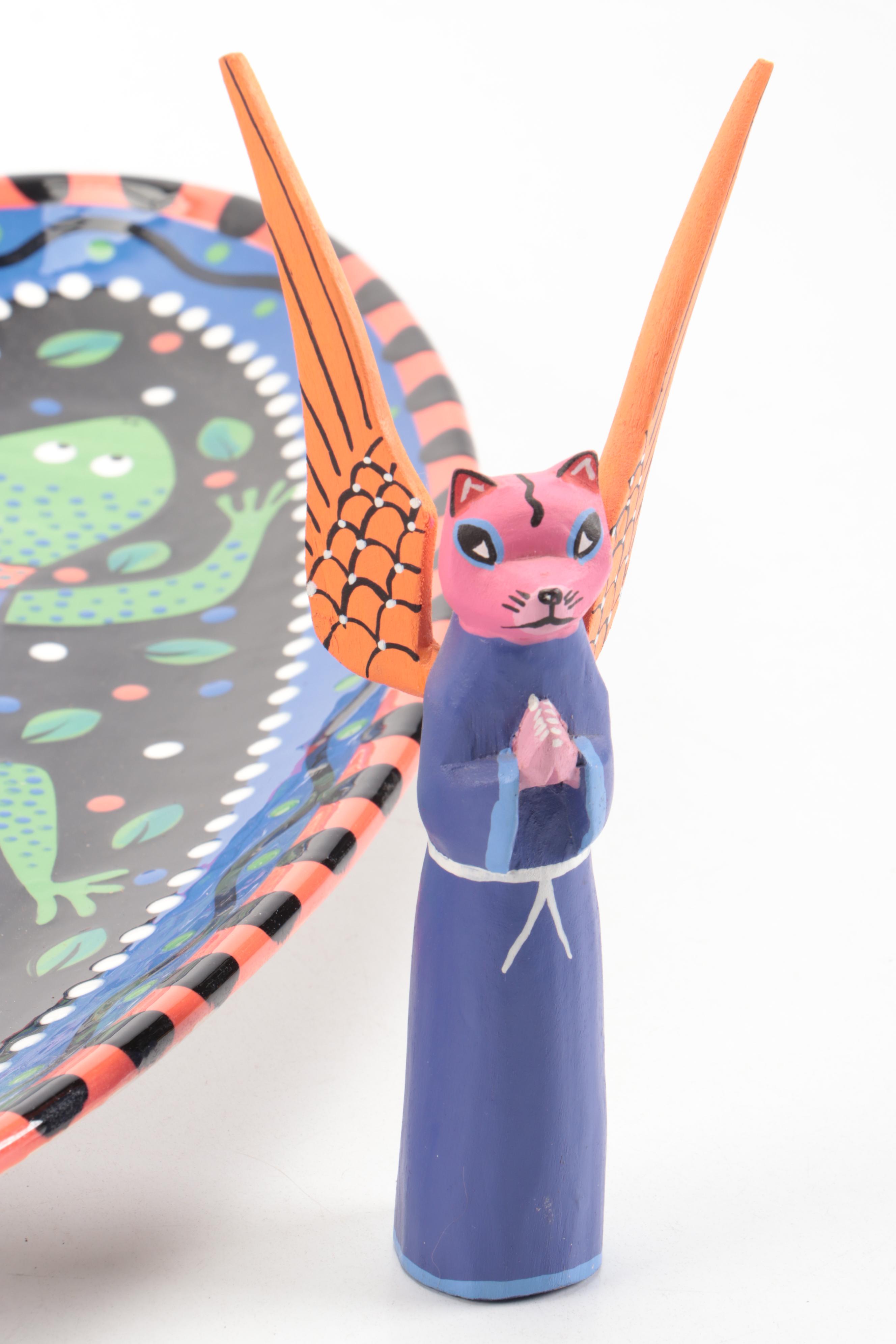 Chris Kennedy-Bubany Hand-Painted Ceramic Dish with Carved Wood Animals