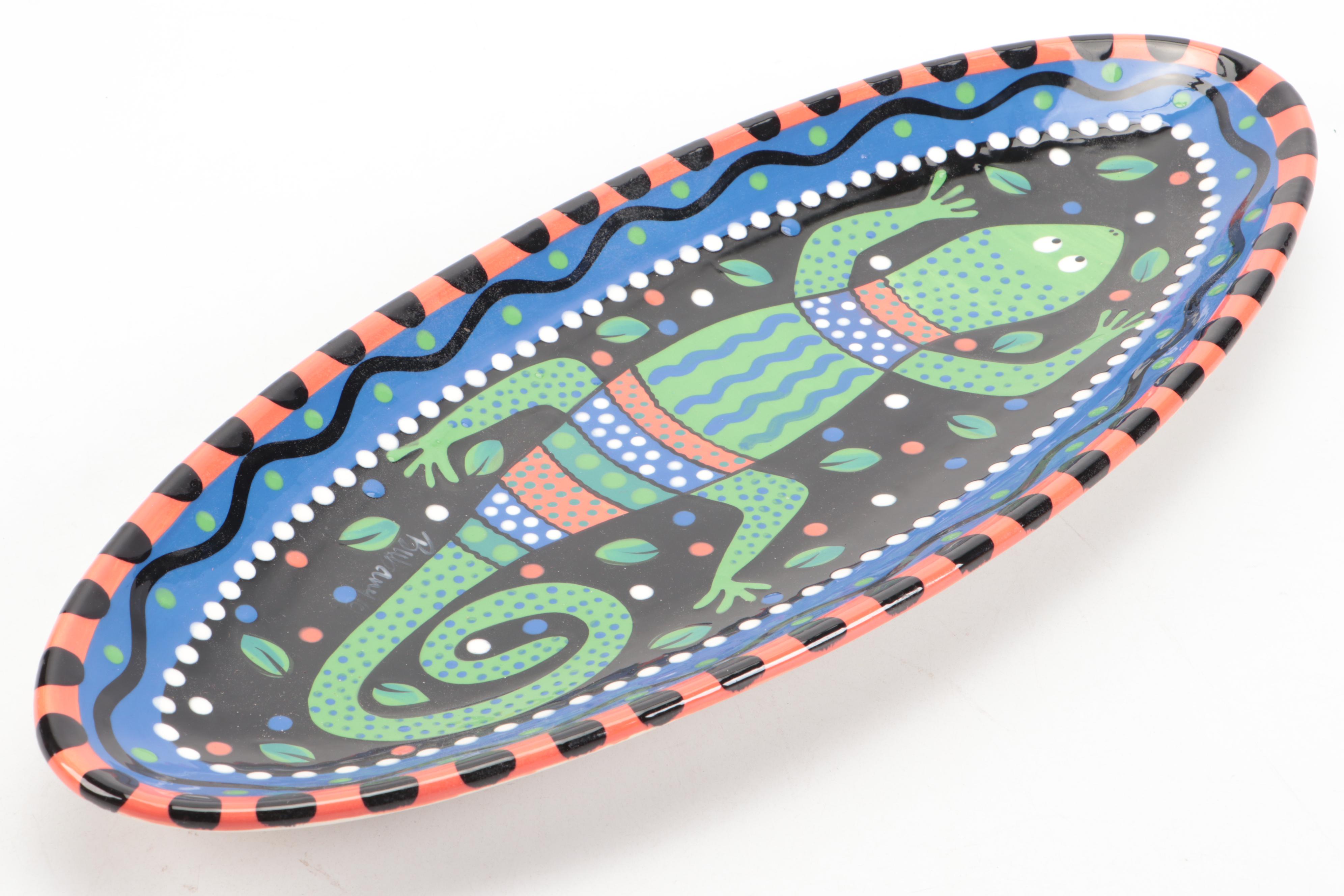 Chris Kennedy-Bubany Hand-Painted Ceramic Dish with Carved Wood Animals