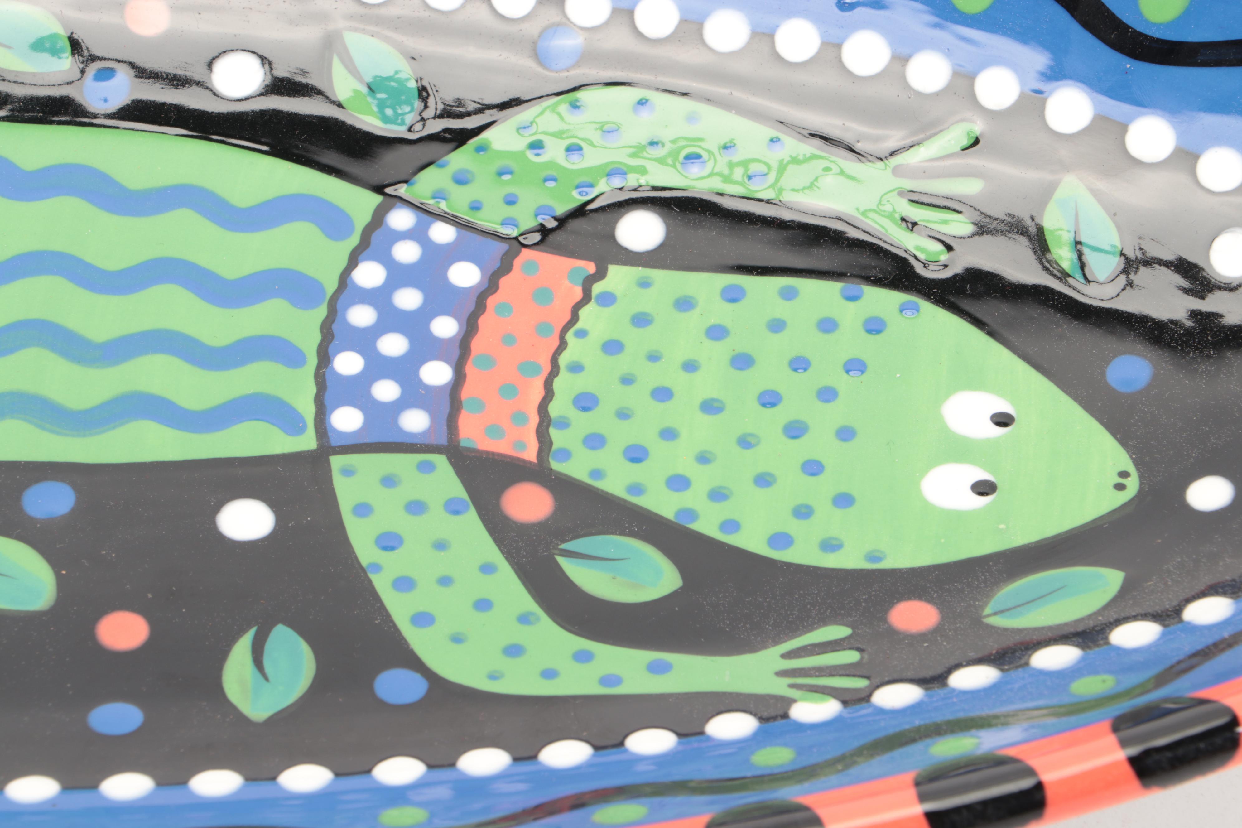 Chris Kennedy-Bubany Hand-Painted Ceramic Dish with Carved Wood Animals