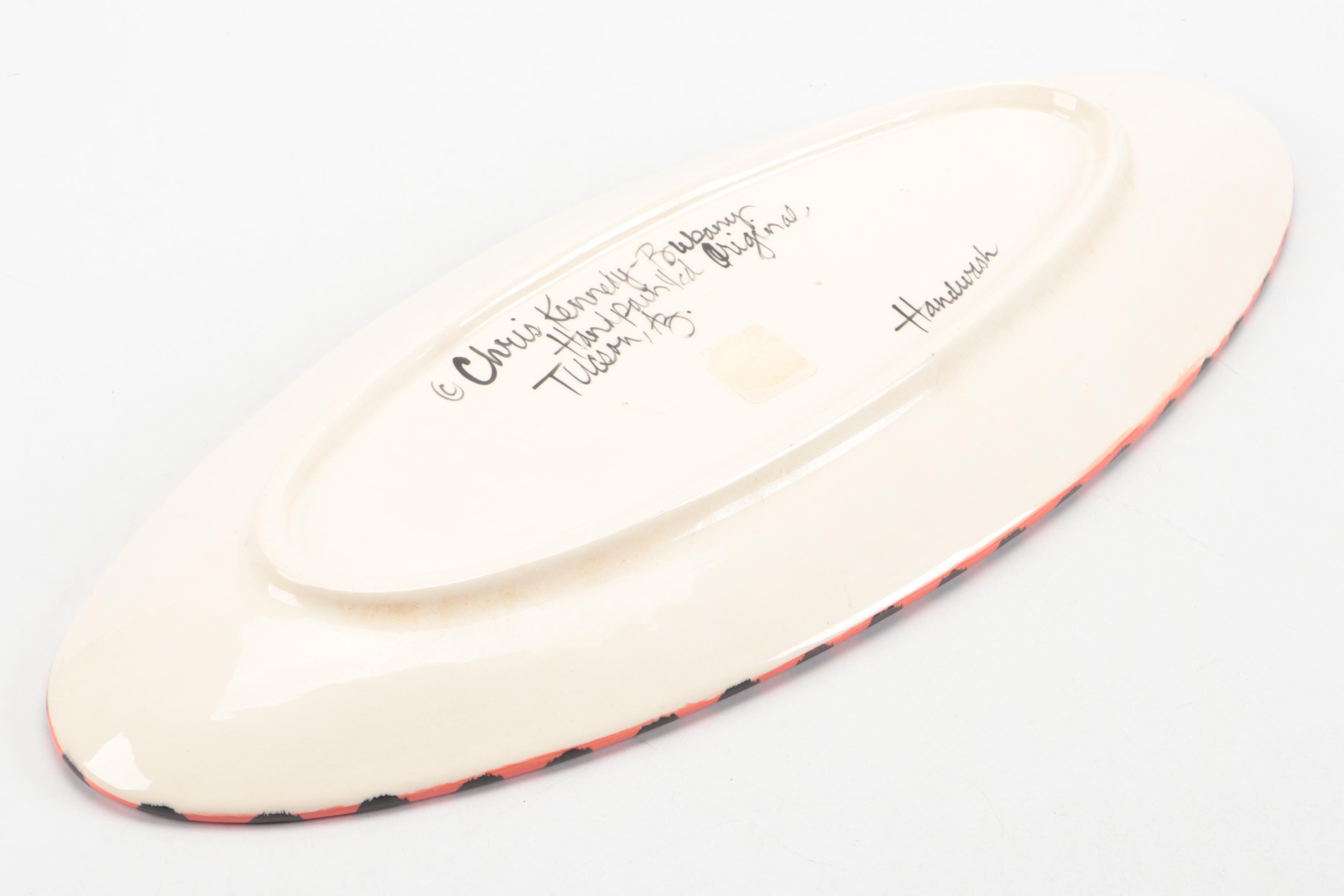 Chris Kennedy-Bubany Hand-Painted Ceramic Dish with Carved Wood Animals