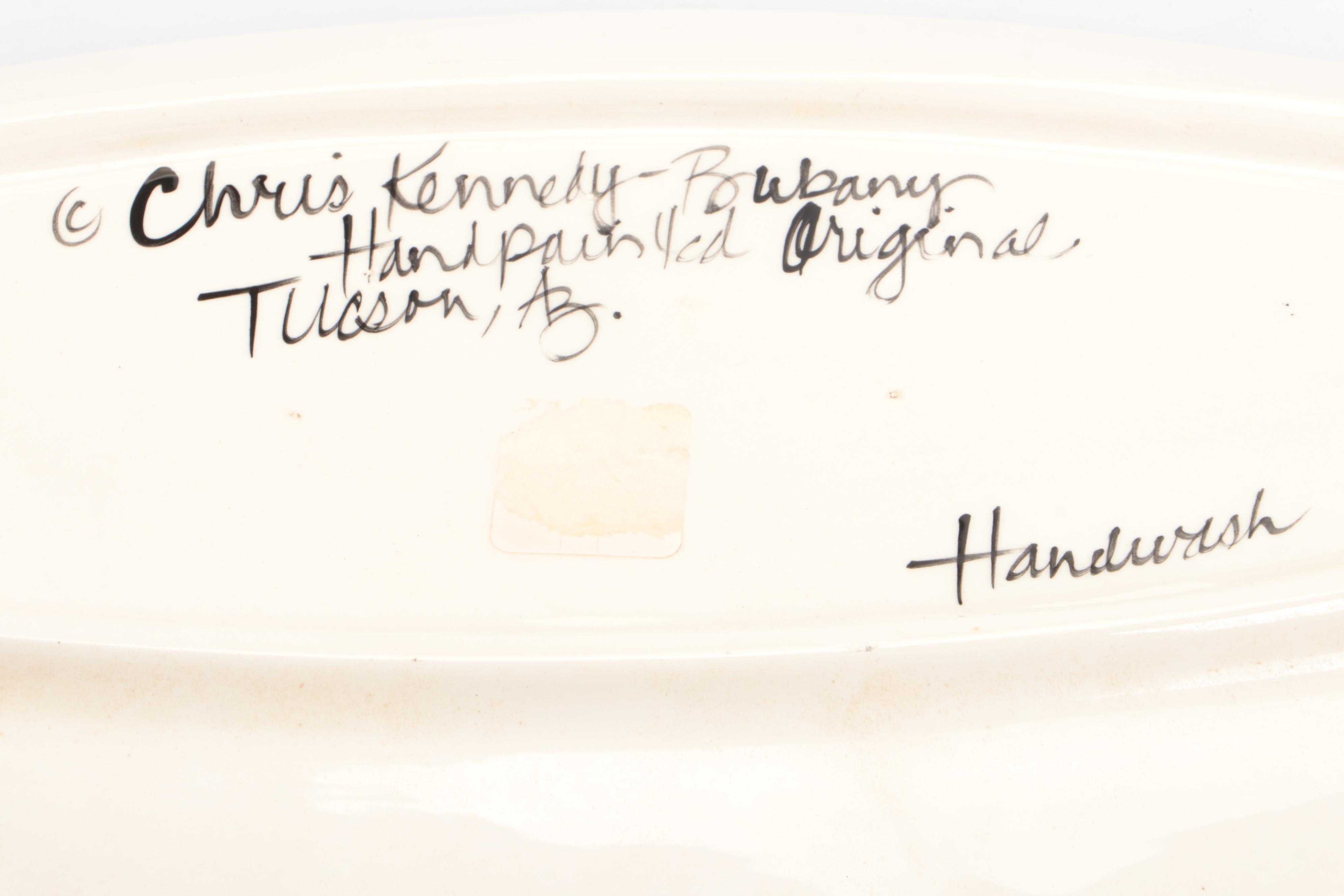 Chris Kennedy-Bubany Hand-Painted Ceramic Dish with Carved Wood Animals