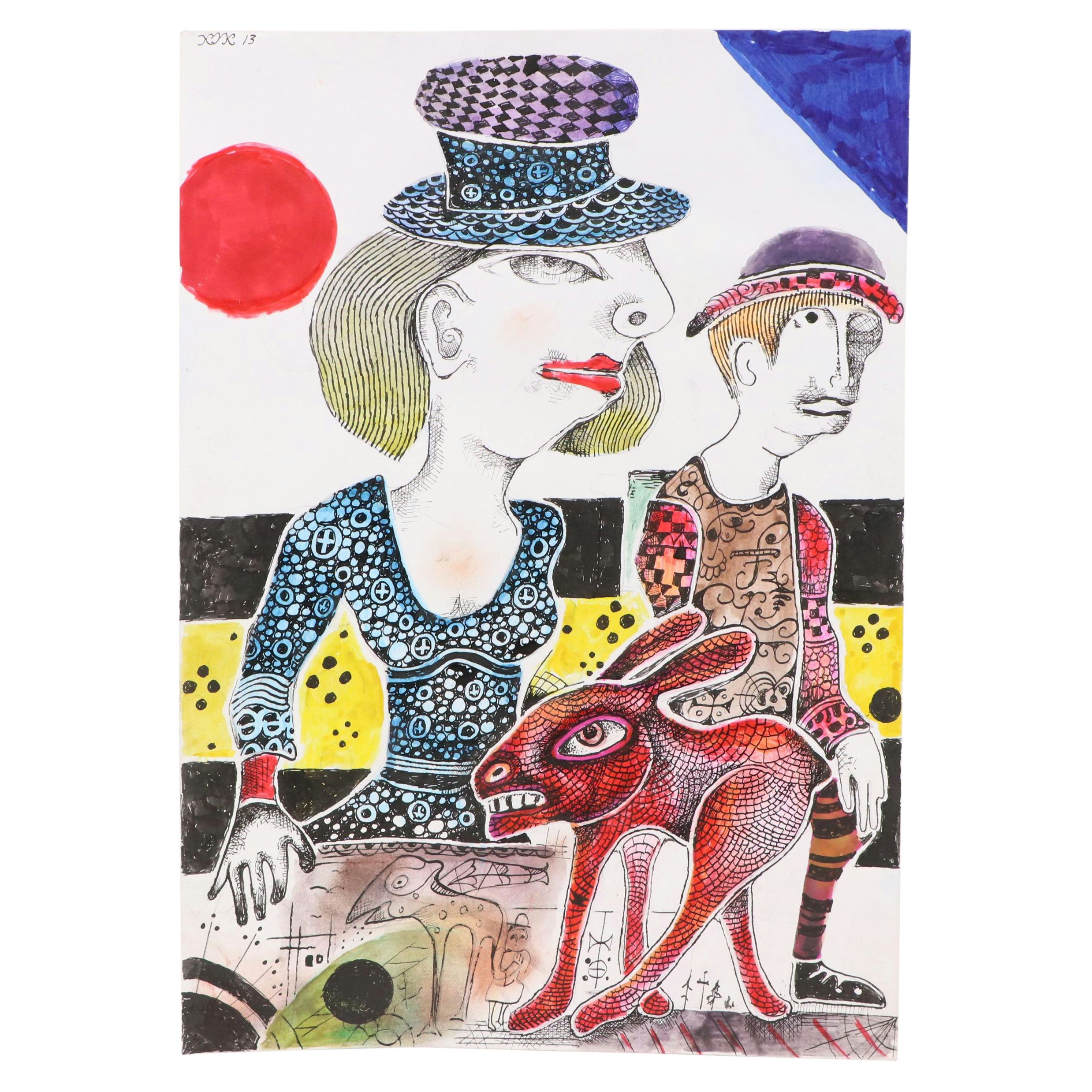 Nikolay "Kuk" Manuylov Figural Surrealist Mixed Media Drawing, 2013