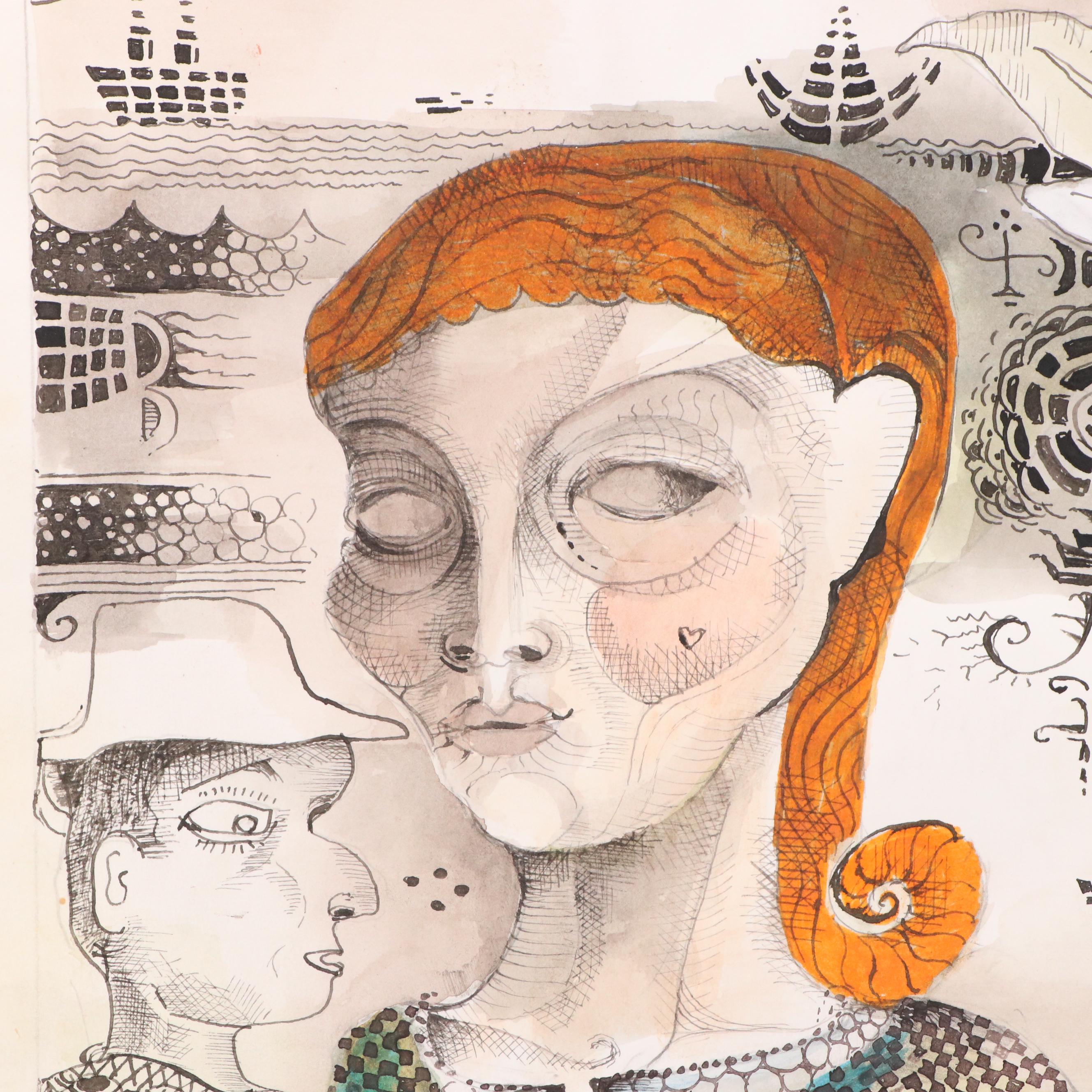 Nikolay "Kuk" Manuylov Figural Surrealist Mixed Media Drawing, 21st Century