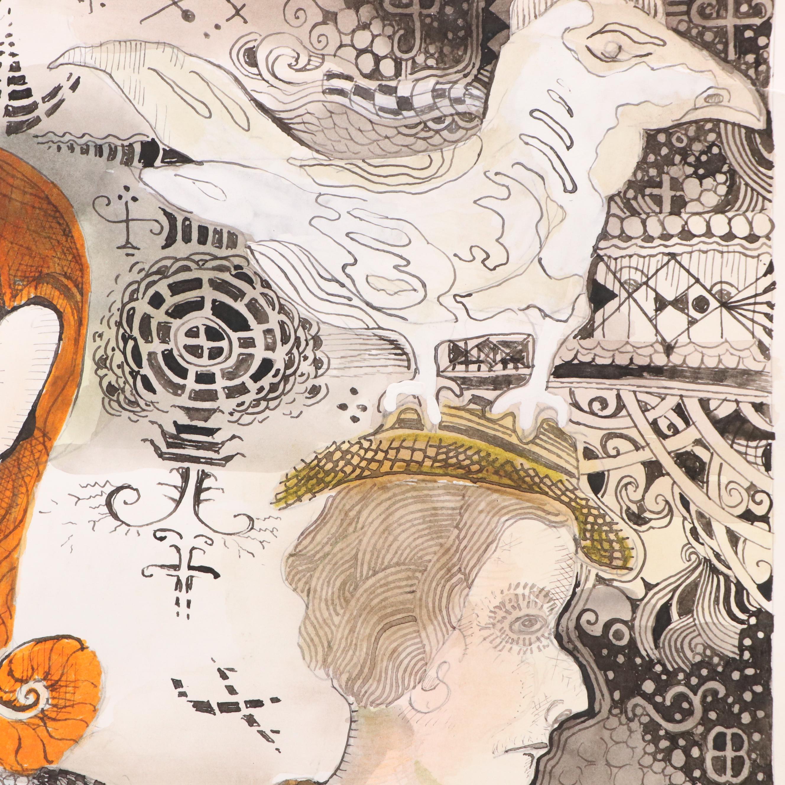 Nikolay "Kuk" Manuylov Figural Surrealist Mixed Media Drawing, 21st Century