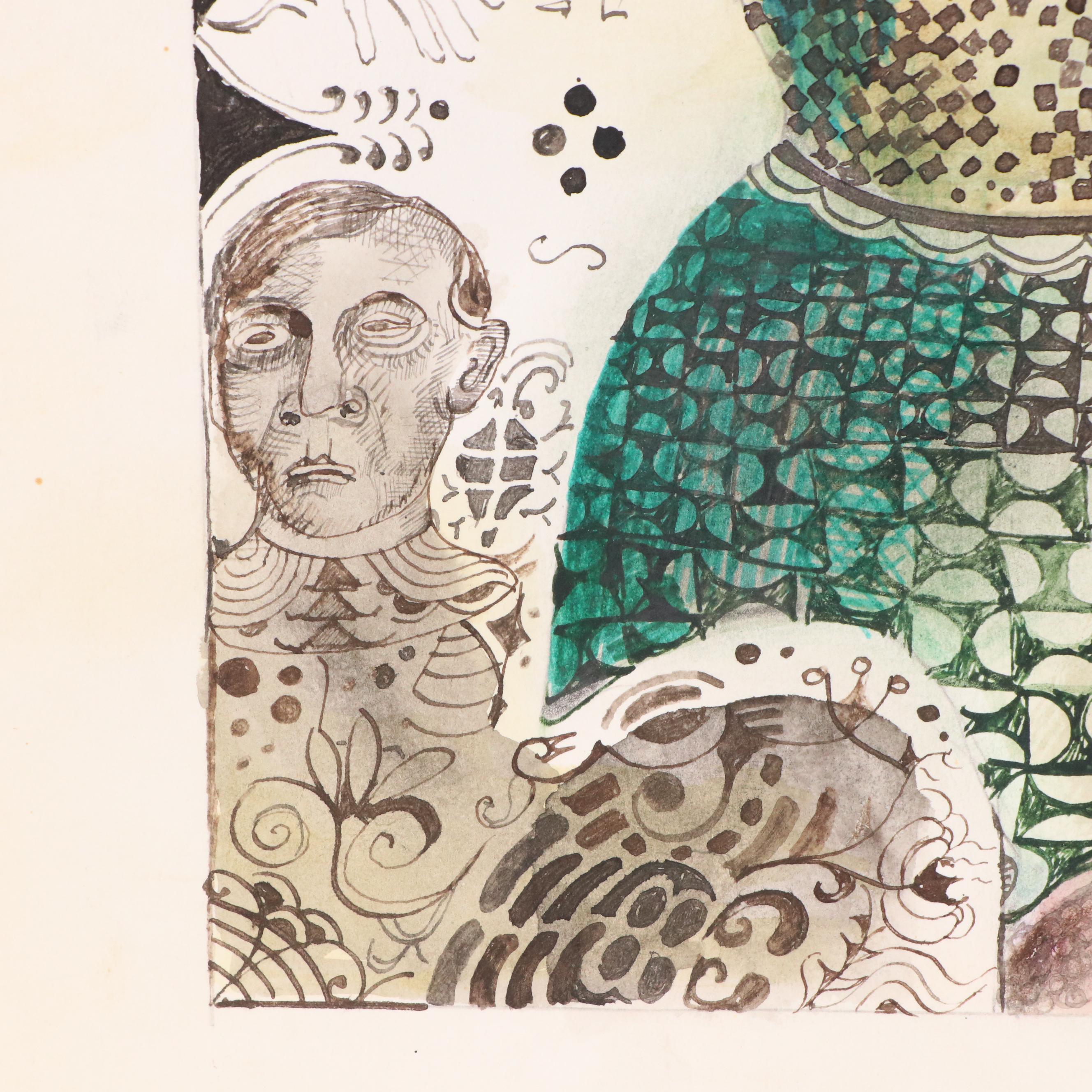 Nikolay "Kuk" Manuylov Figural Surrealist Mixed Media Drawing, 21st Century