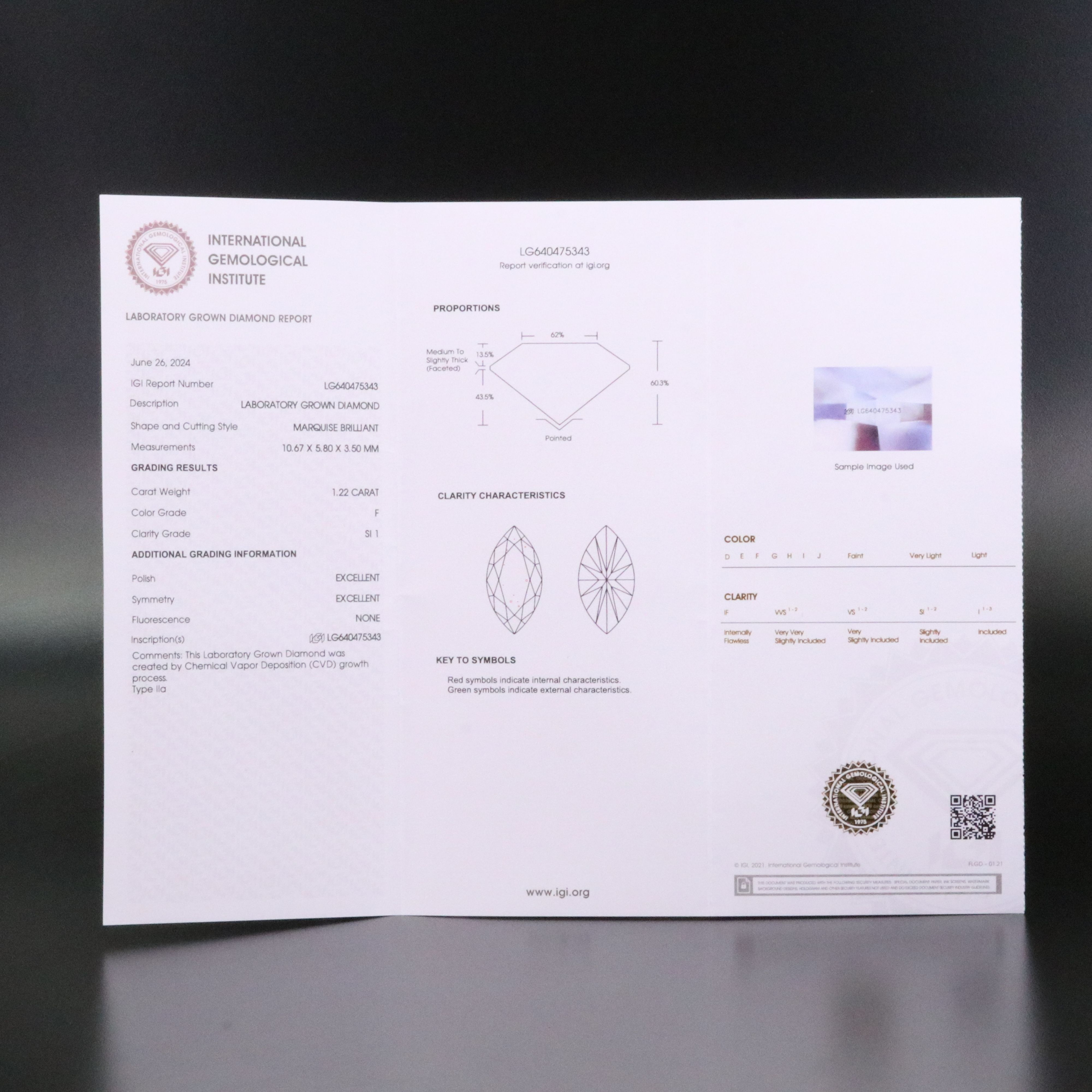 Loose 1.22 CT Lab Grown Diamond with IGI Report