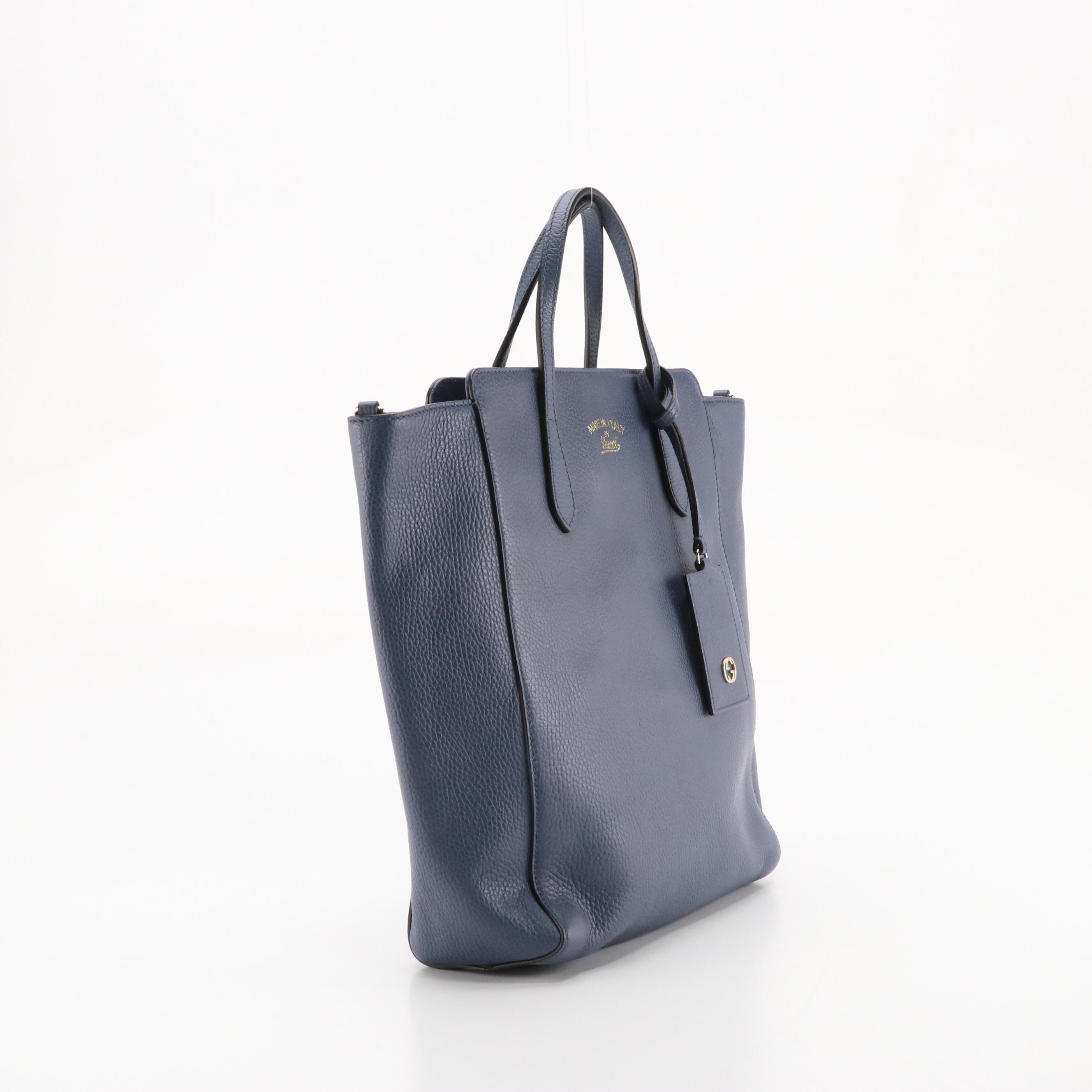 Gucci Tall Convertible Swing Tote in Steel Blue Pebble Grained Leather