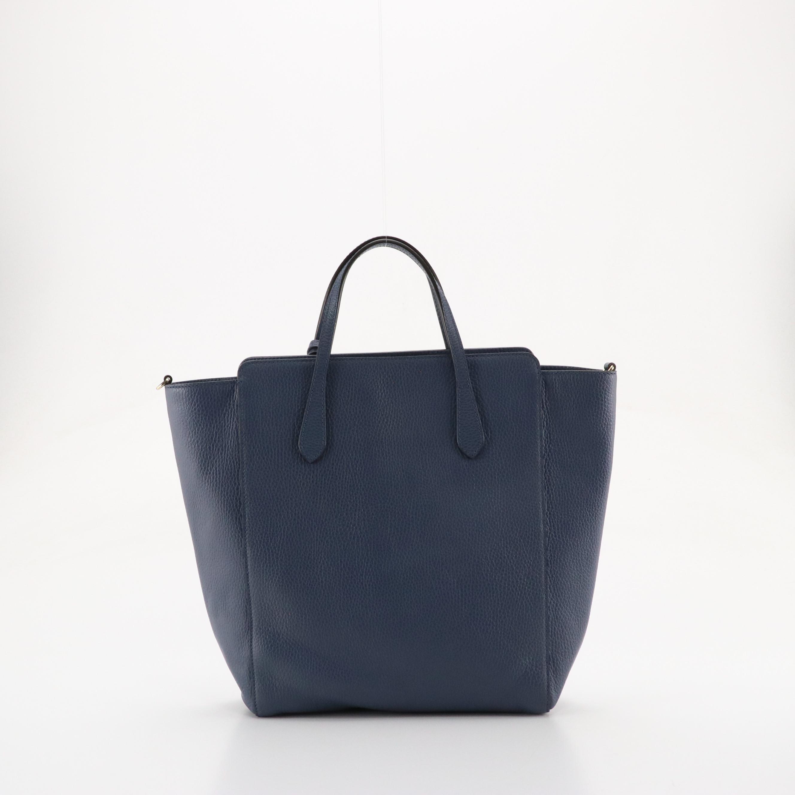 Gucci Tall Convertible Swing Tote in Steel Blue Pebble Grained Leather