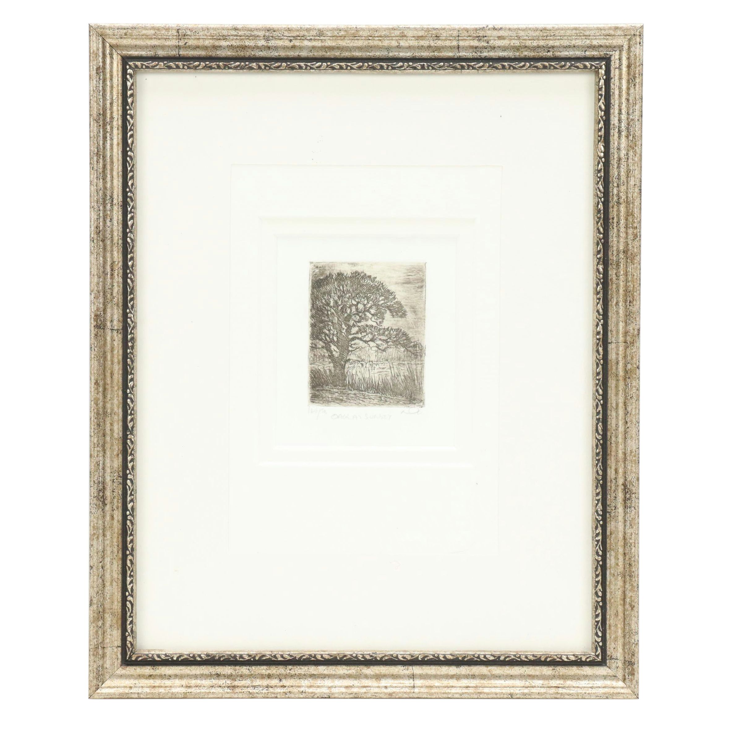 Landscape Etching "Oak at Sunset"
