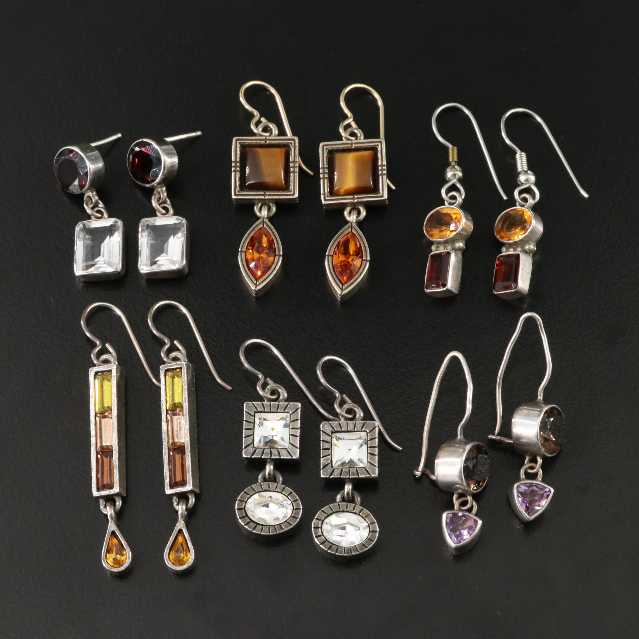 Earring Collection Including Sterling Lori Bonn, Garnet and Rock Crystal Quartz
