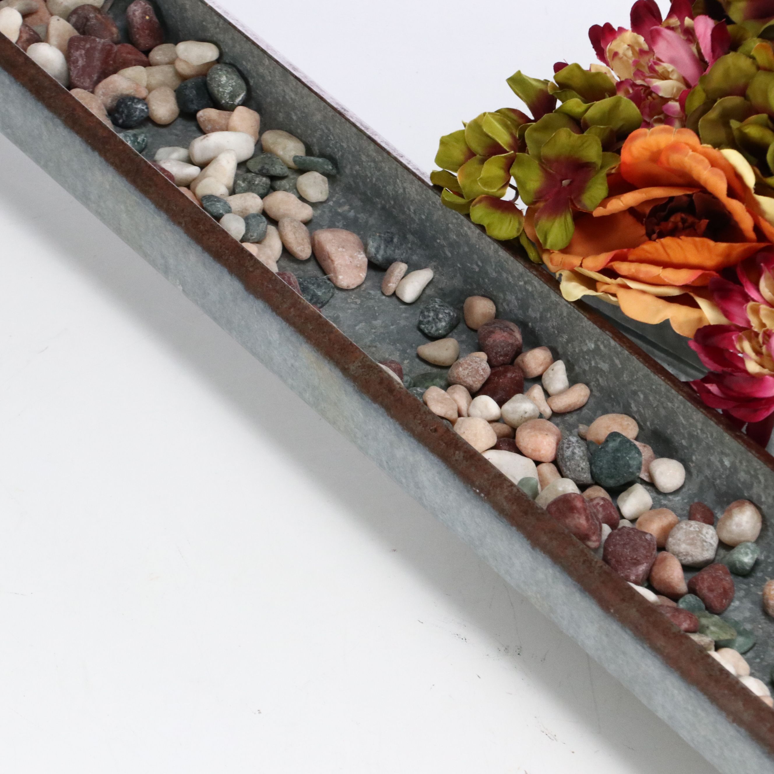 Rustic Farmhouse Style Artificial Flowers with Metal Chicken Trough and Stones