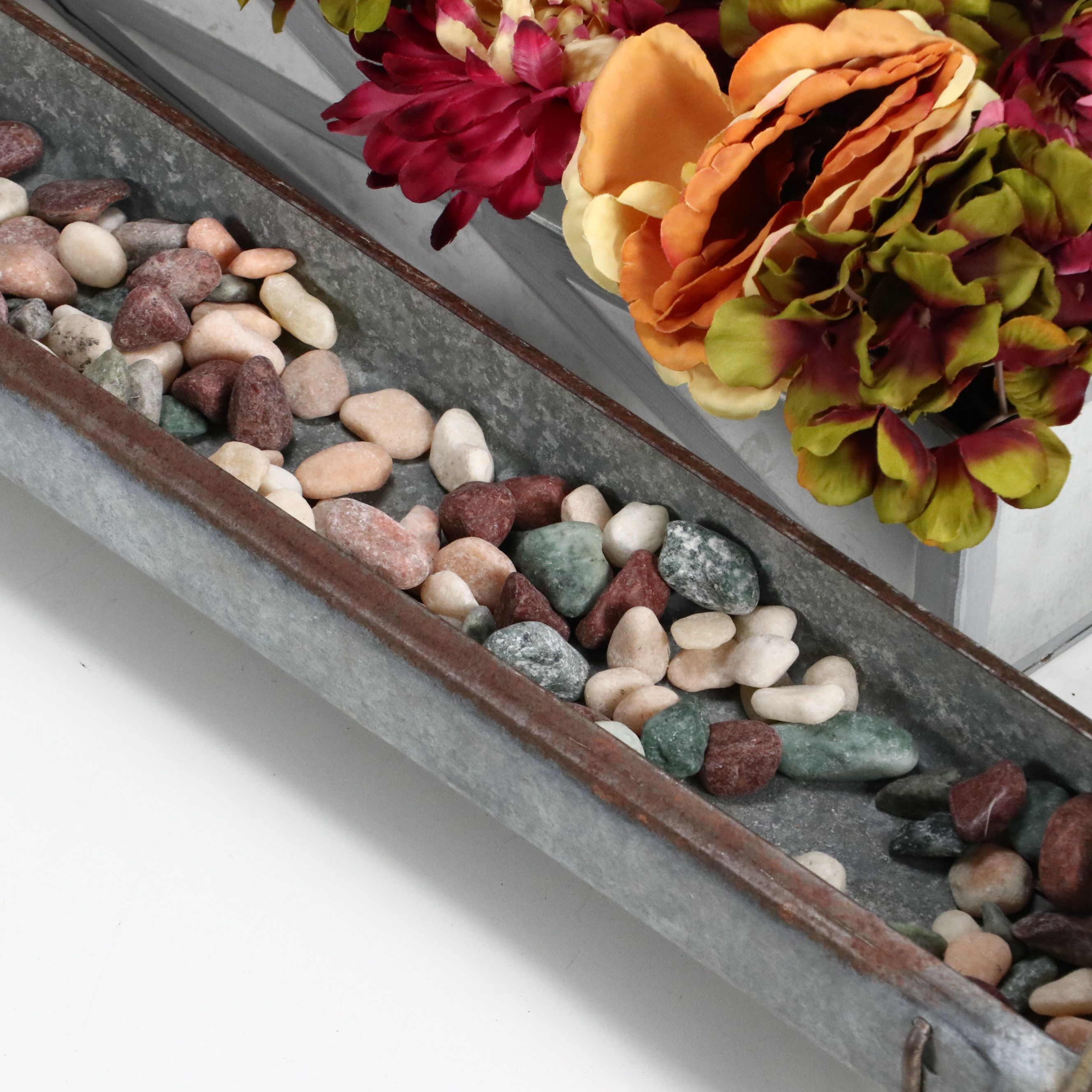 Rustic Farmhouse Style Artificial Flowers with Metal Chicken Trough and Stones