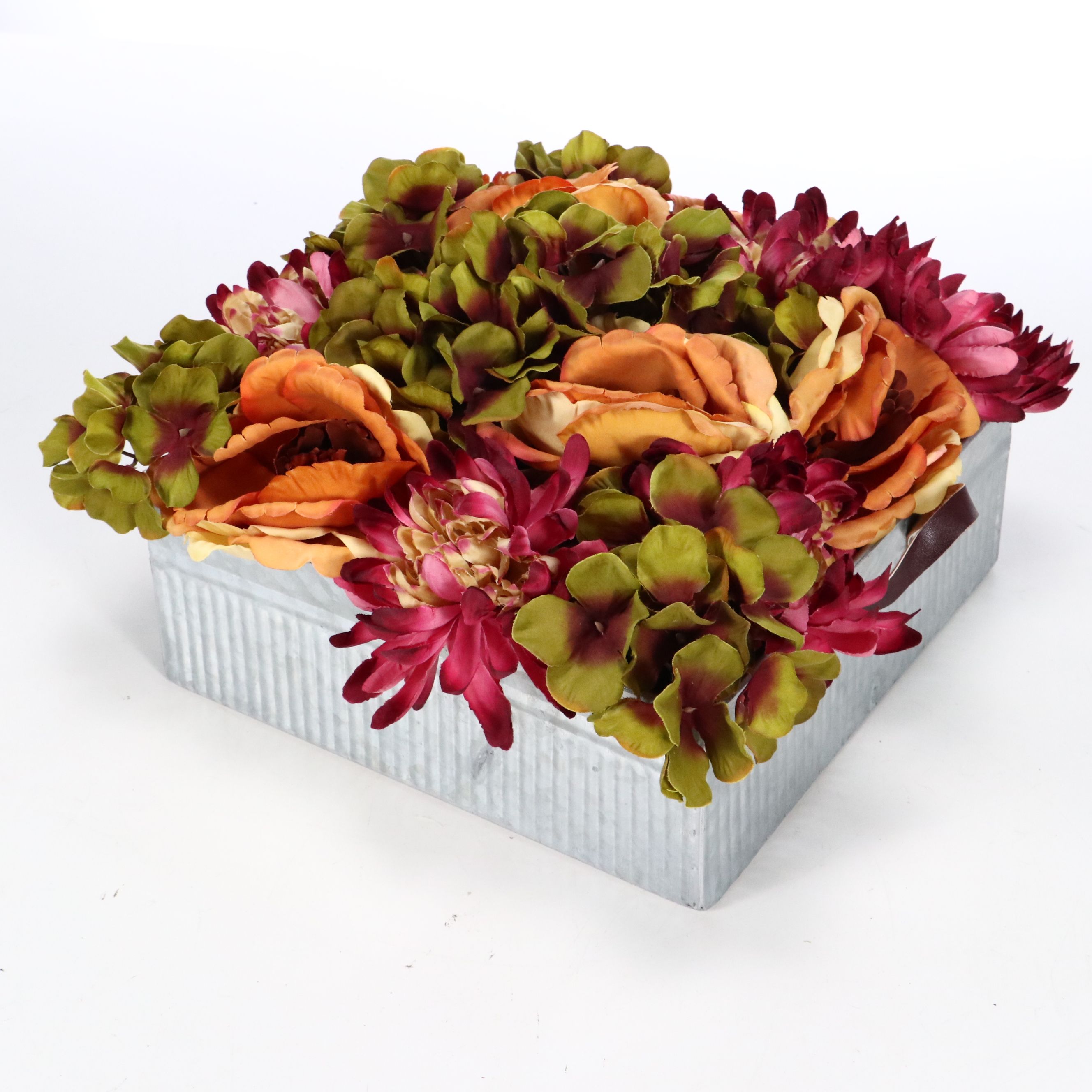 Rustic Farmhouse Style Artificial Flowers with Metal Chicken Trough and Stones