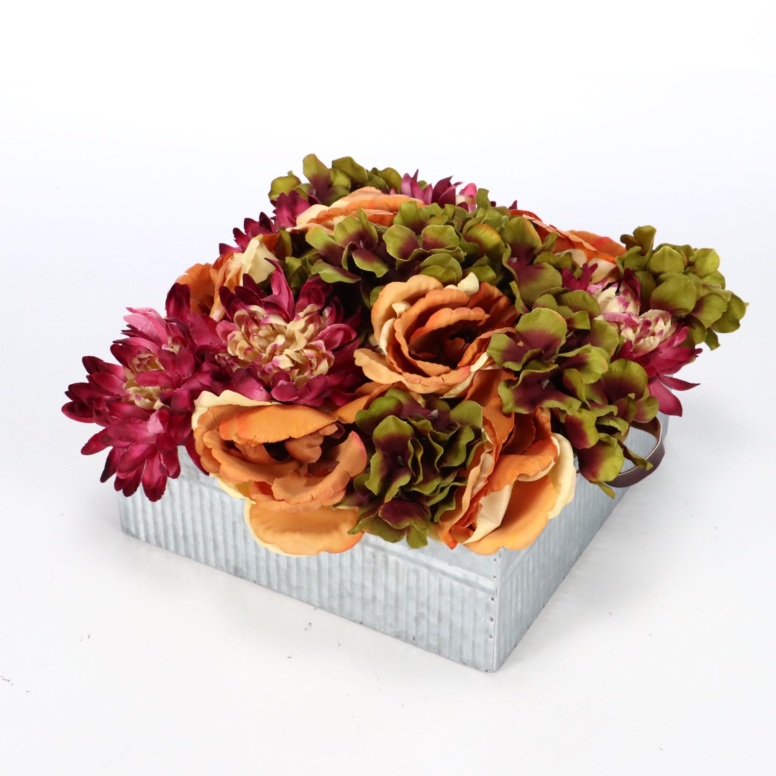 Rustic Farmhouse Style Artificial Flowers with Metal Chicken Trough and Stones