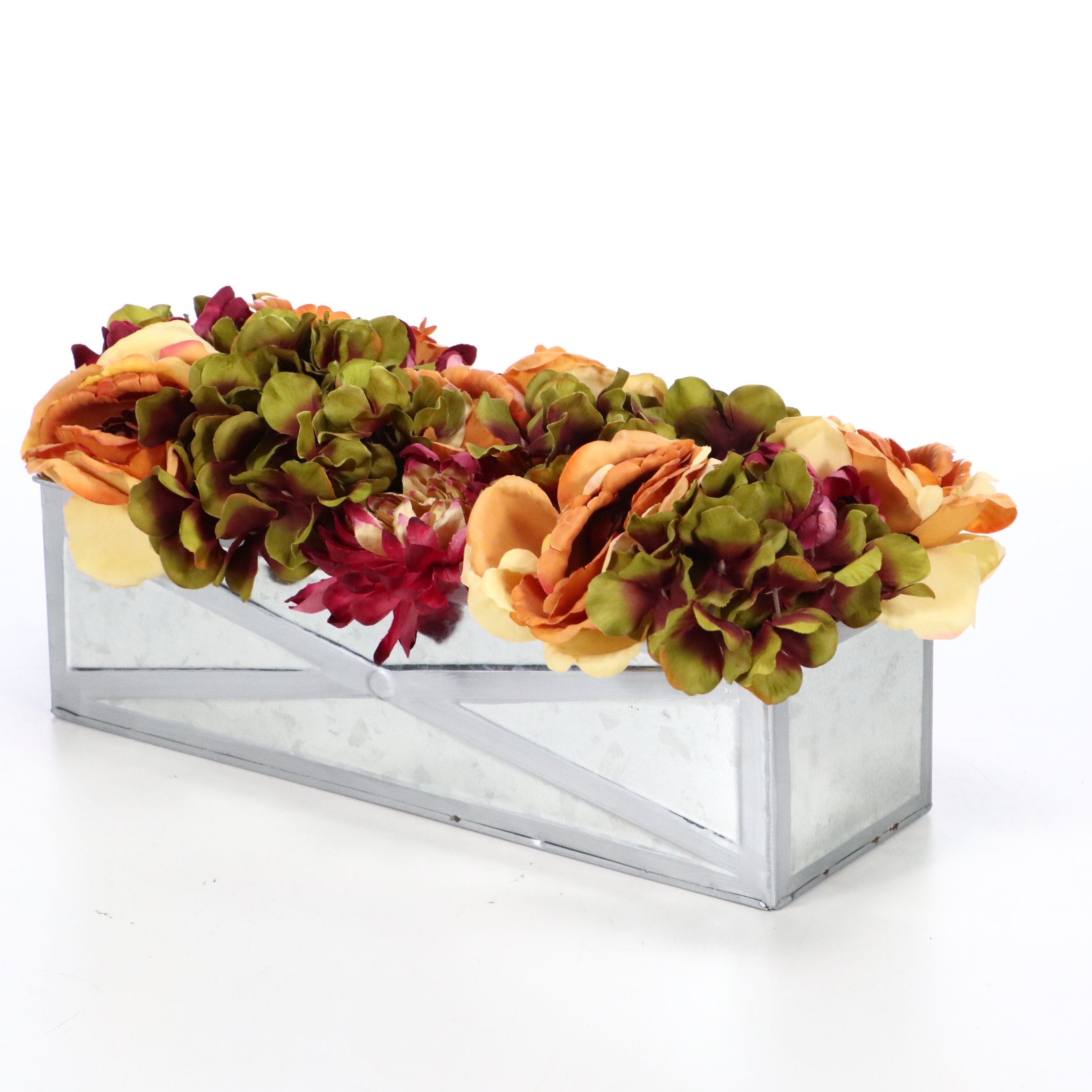 Rustic Farmhouse Style Artificial Flowers with Metal Chicken Trough and Stones