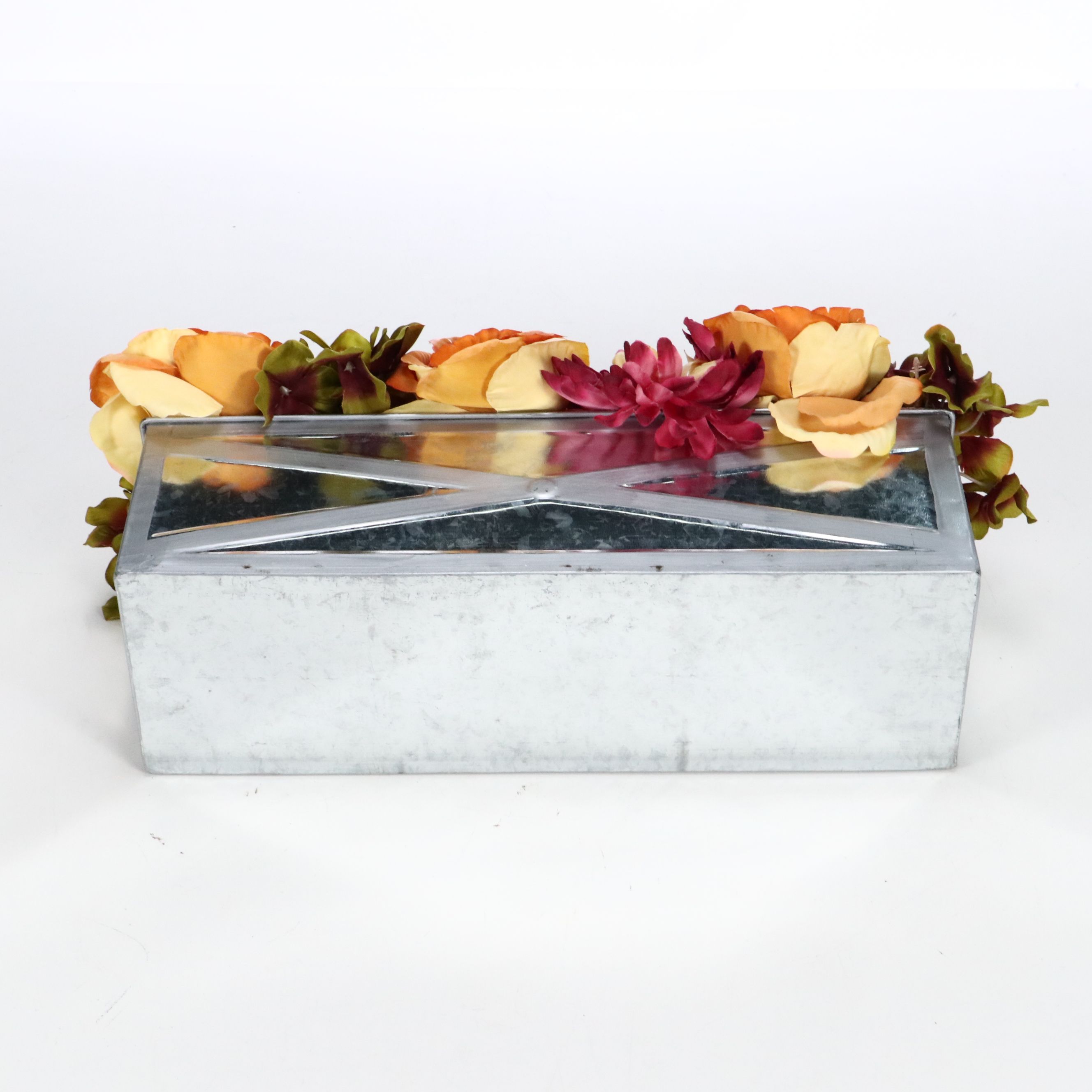 Rustic Farmhouse Style Artificial Flowers with Metal Chicken Trough and Stones