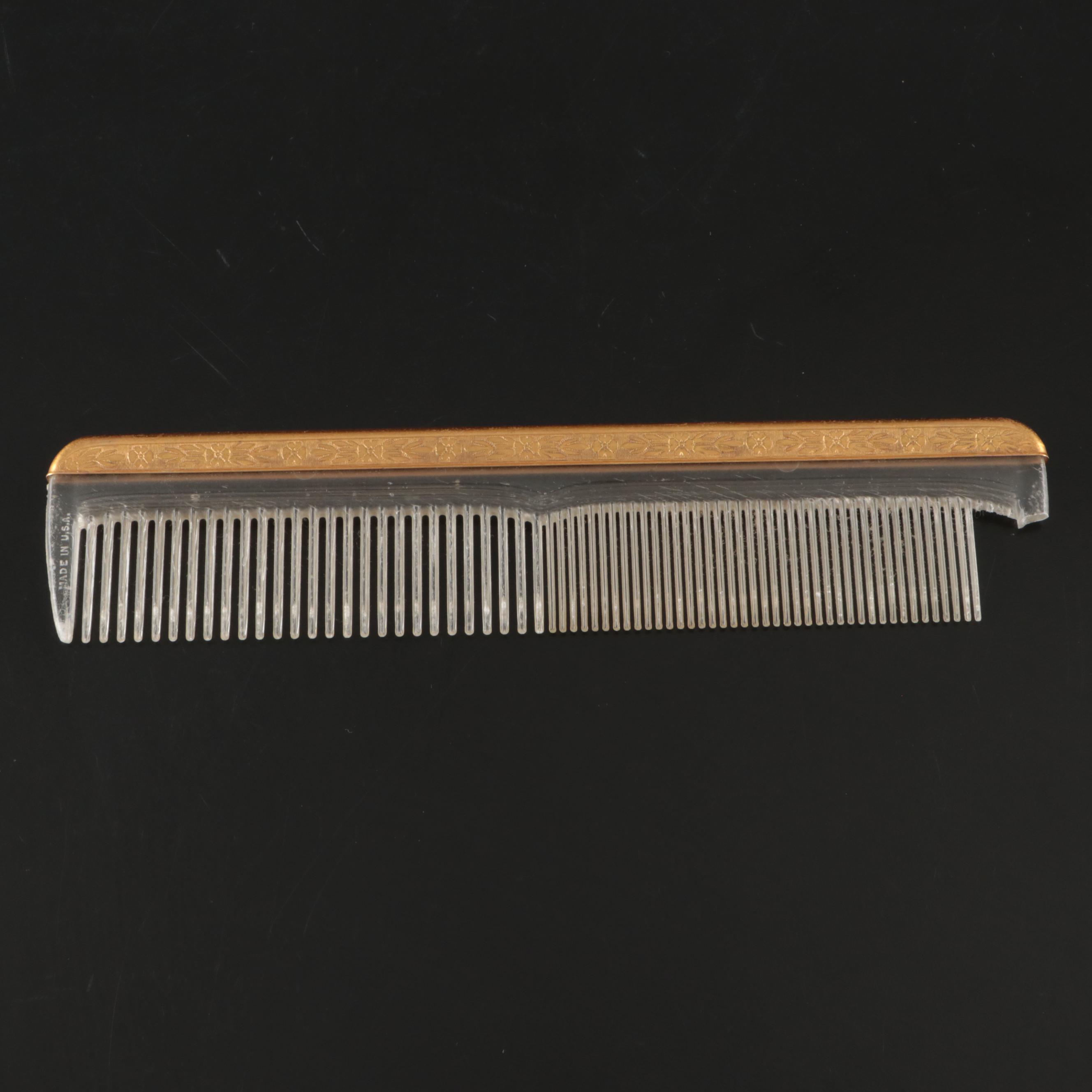 Rococo Style Metal Vanity Mirror with Gold Finish Hand Mirrors, Comb, and Brush