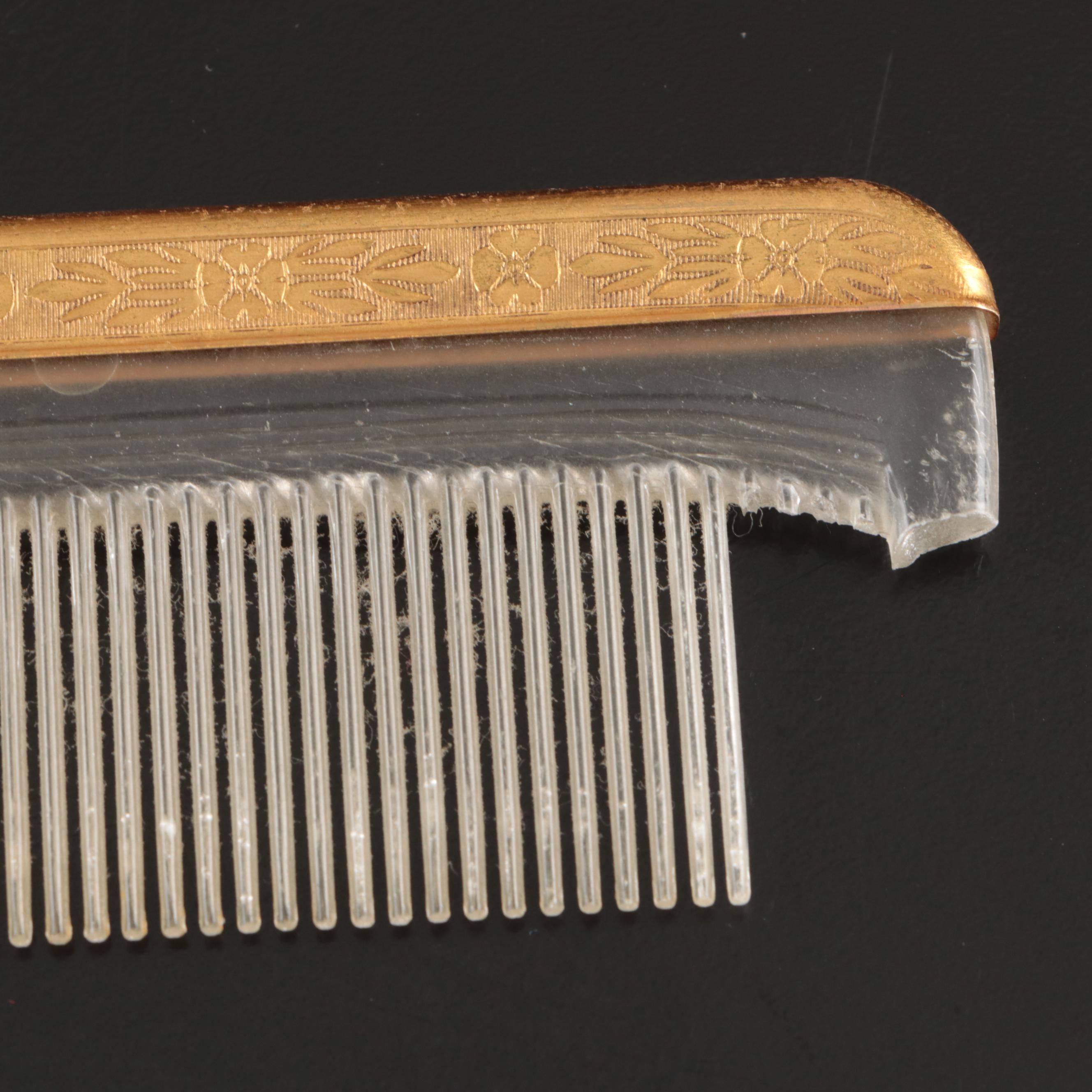 Rococo Style Metal Vanity Mirror with Gold Finish Hand Mirrors, Comb, and Brush