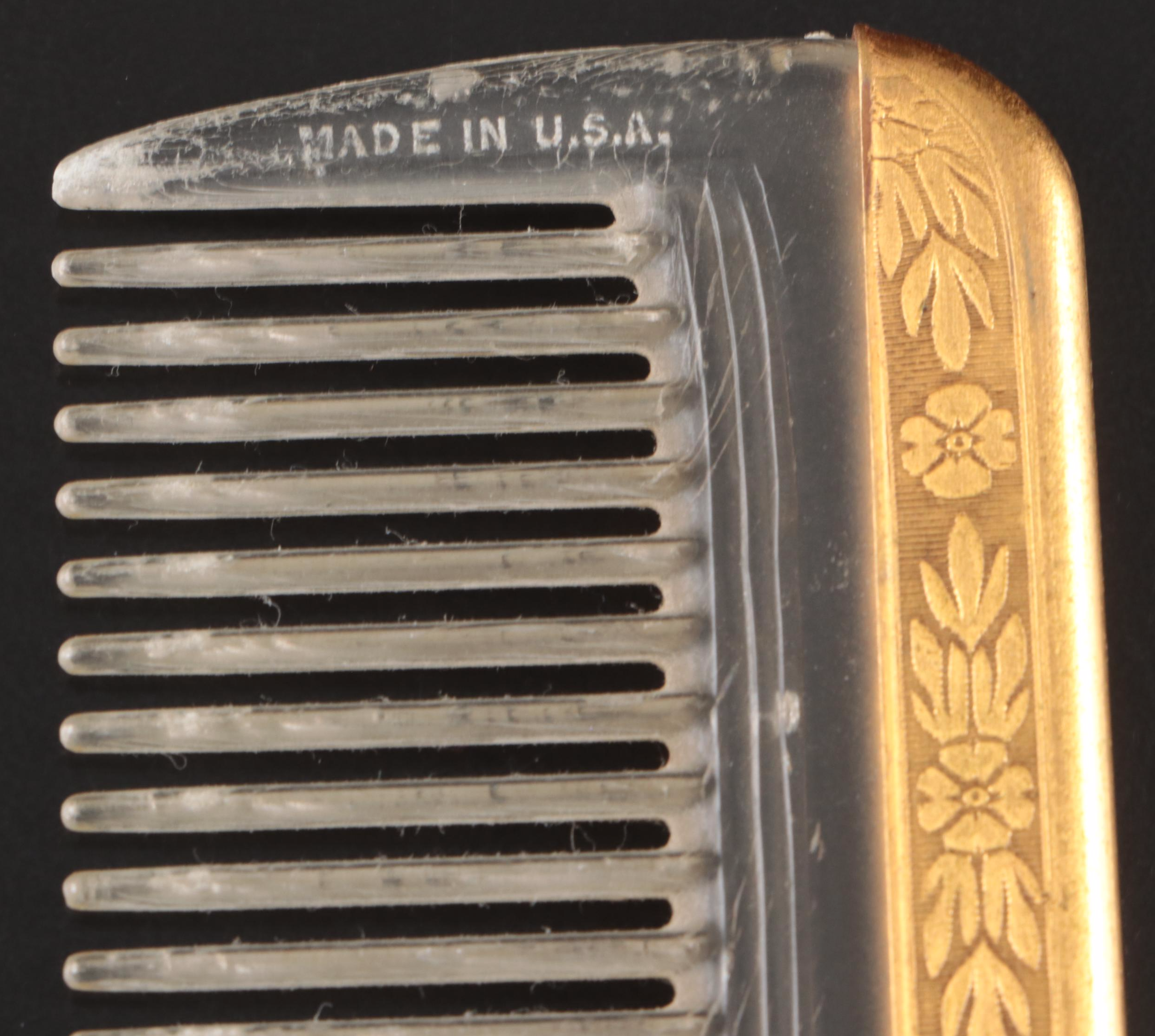 Rococo Style Metal Vanity Mirror with Gold Finish Hand Mirrors, Comb, and Brush