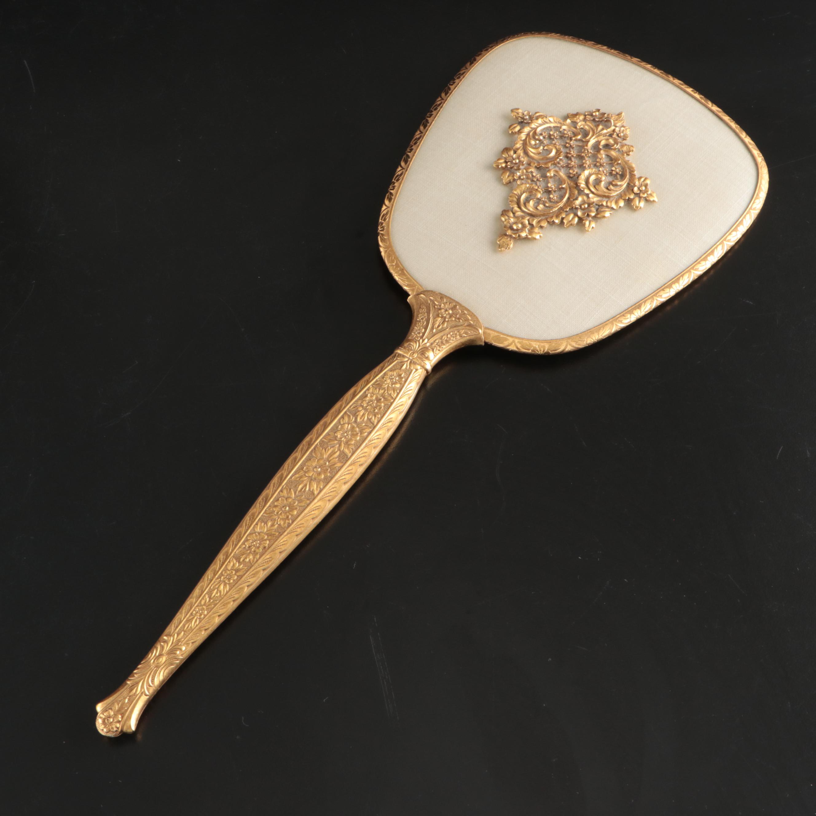 Rococo Style Metal Vanity Mirror with Gold Finish Hand Mirrors, Comb, and Brush