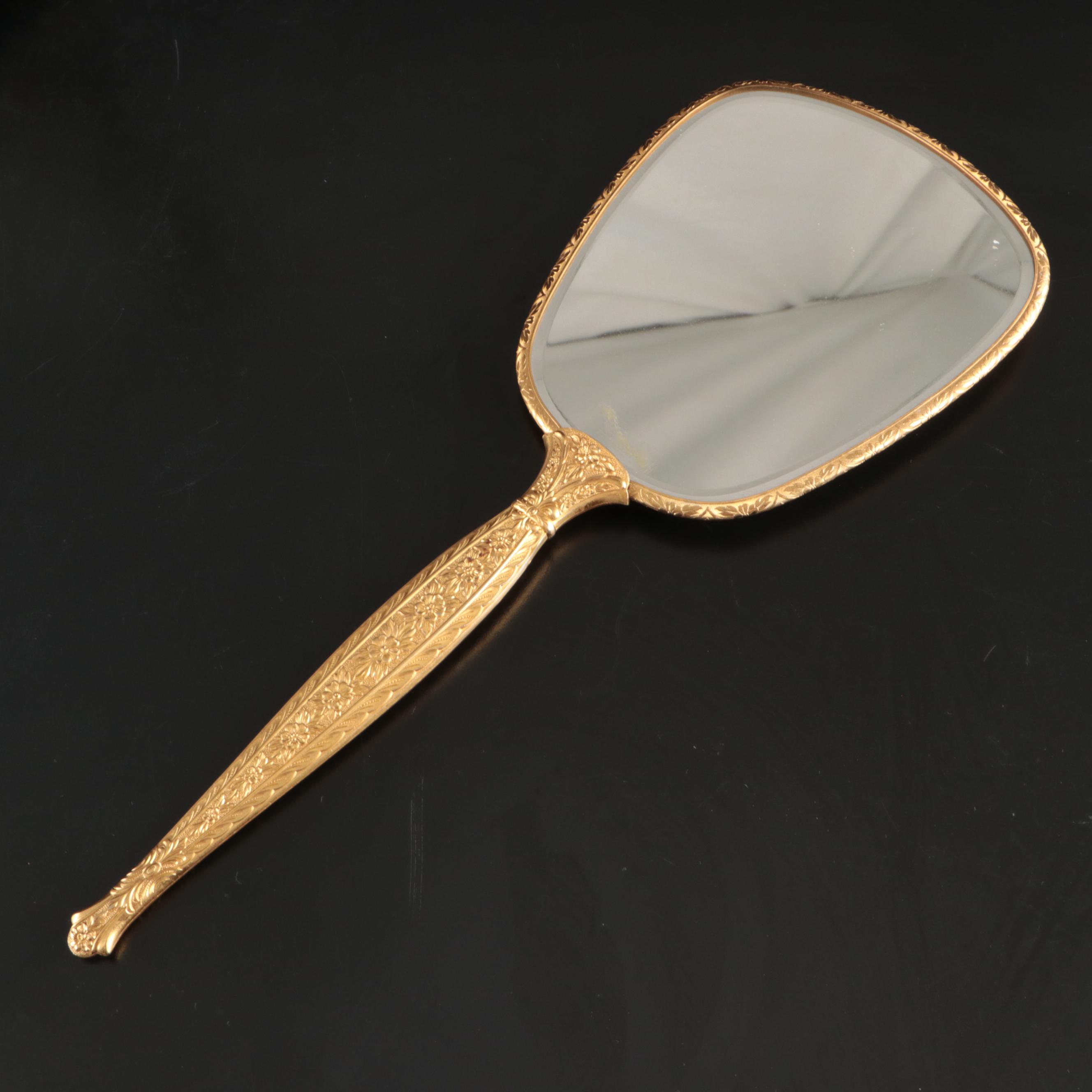 Rococo Style Metal Vanity Mirror with Gold Finish Hand Mirrors, Comb, and Brush