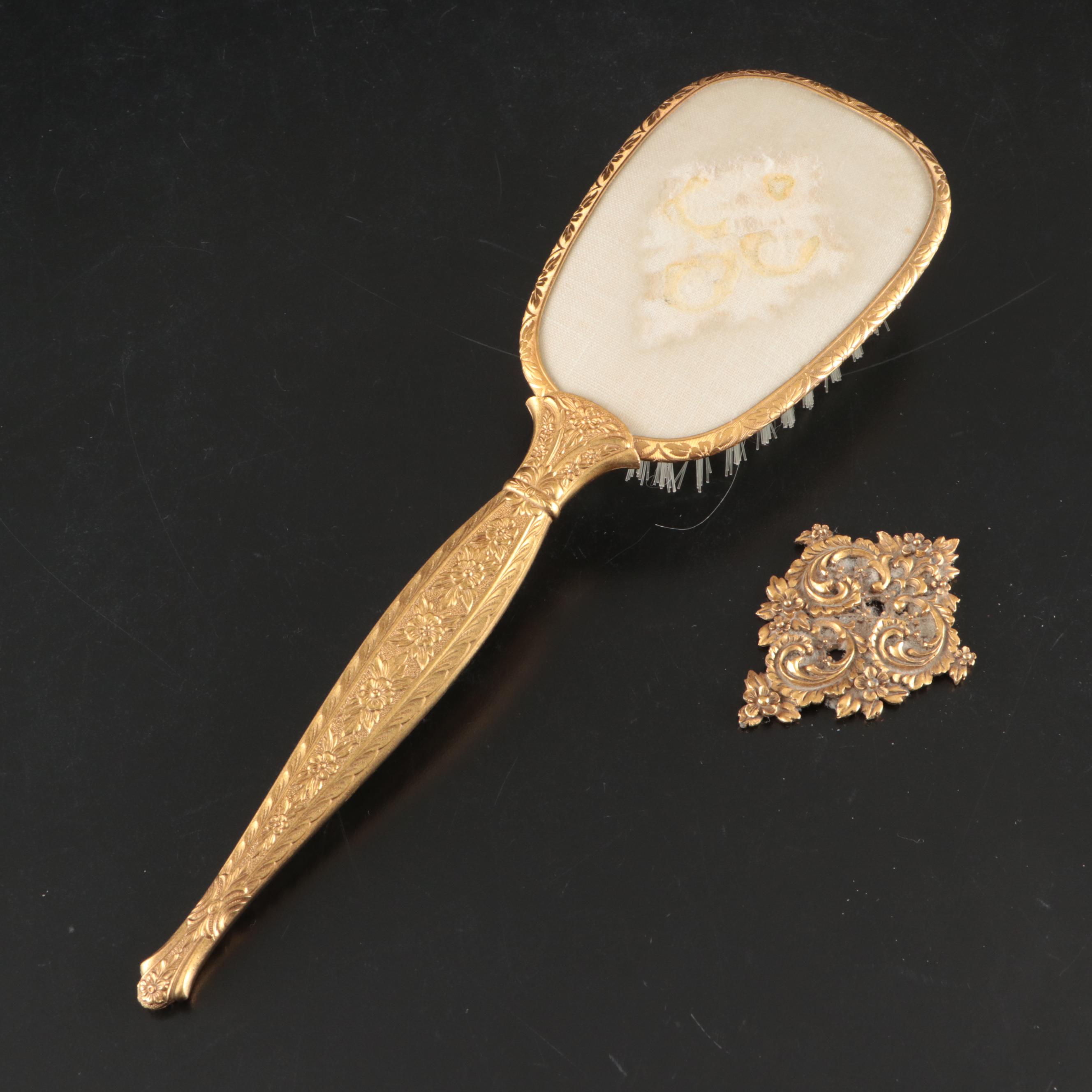 Rococo Style Metal Vanity Mirror with Gold Finish Hand Mirrors, Comb, and Brush