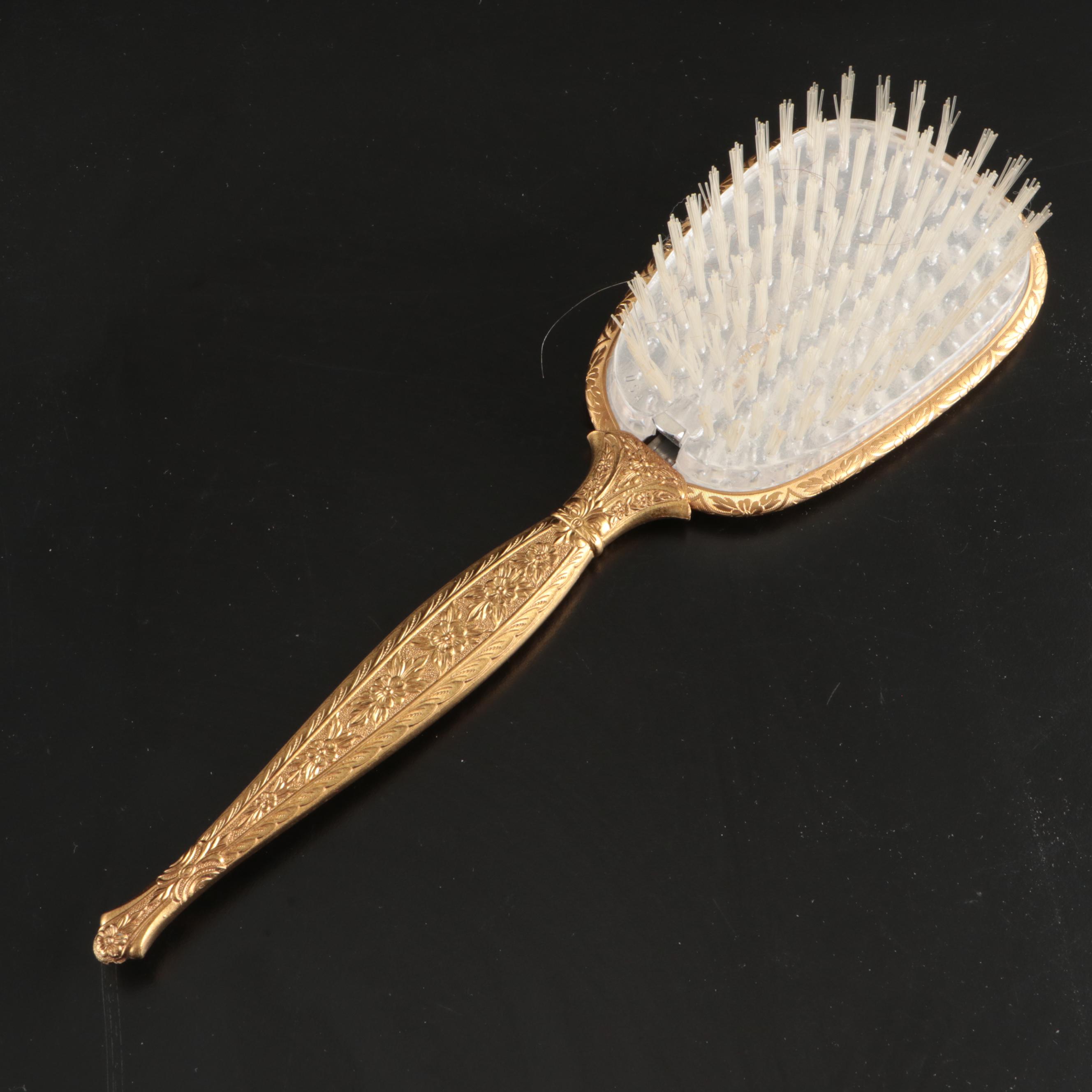 Rococo Style Metal Vanity Mirror with Gold Finish Hand Mirrors, Comb, and Brush