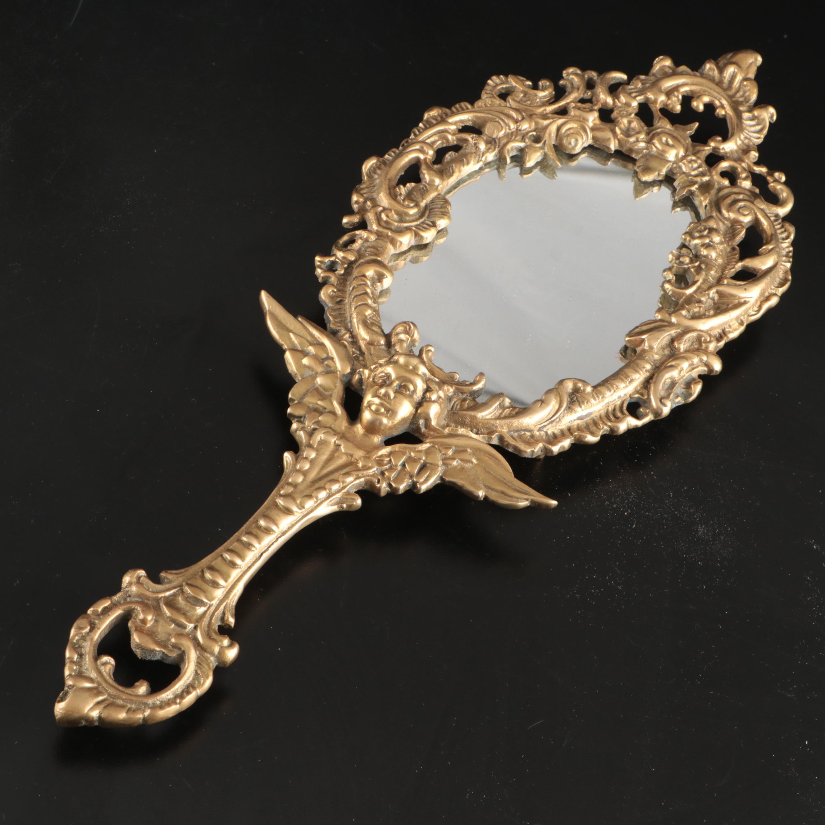 Rococo Style Metal Vanity Mirror with Gold Finish Hand Mirrors, Comb, and Brush