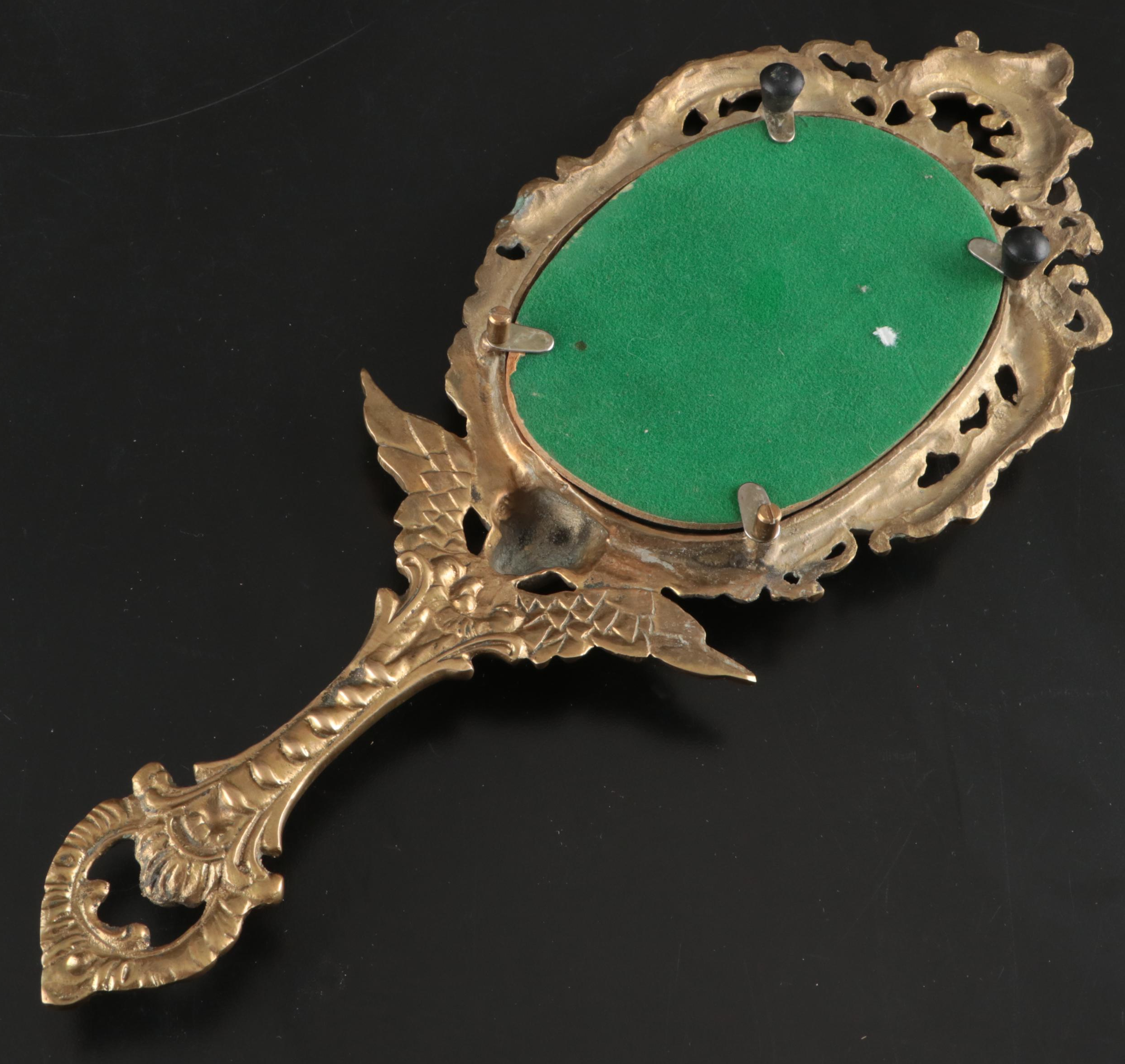 Rococo Style Metal Vanity Mirror with Gold Finish Hand Mirrors, Comb, and Brush